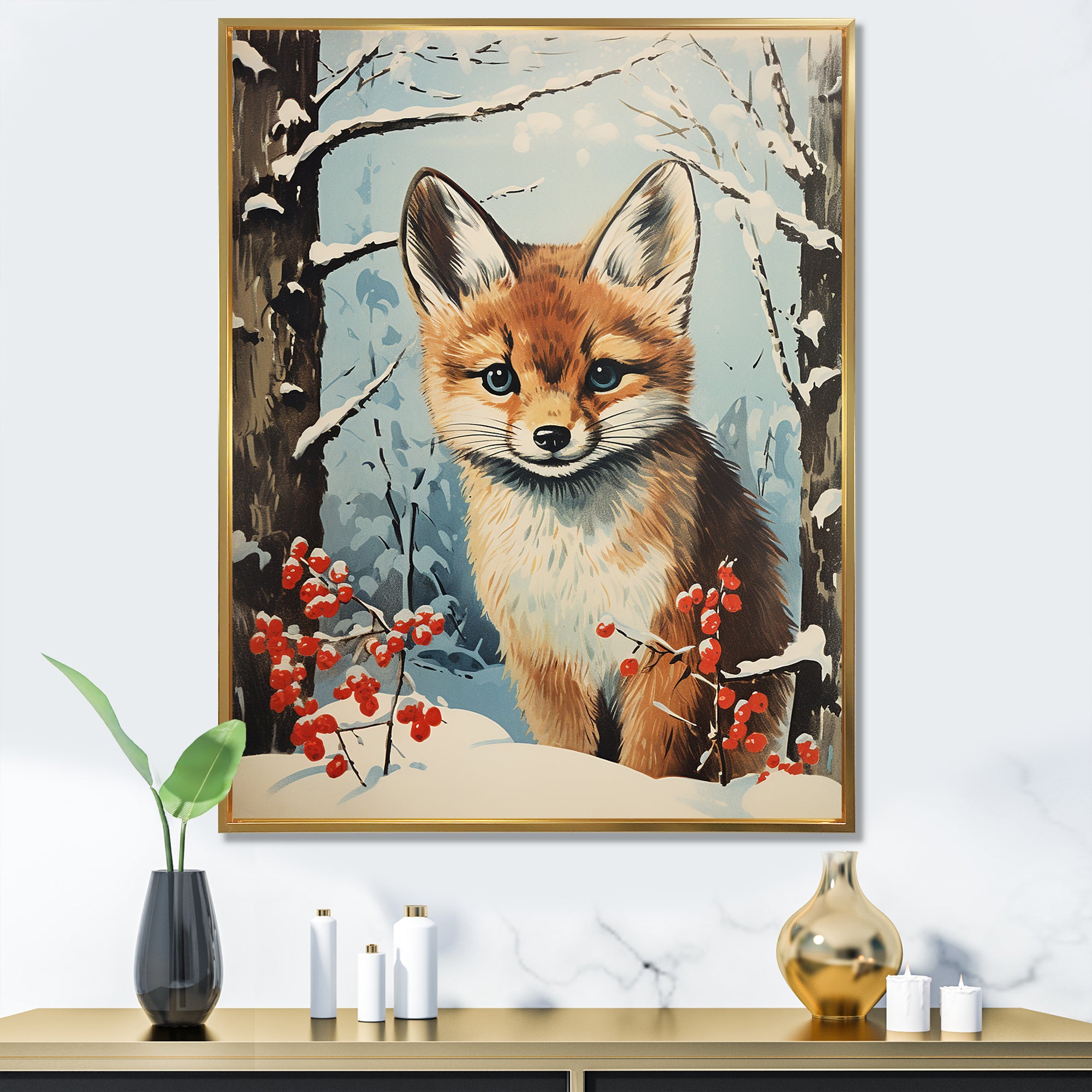 Winter scene cute fox in forest - Fox Framed Canvas Art