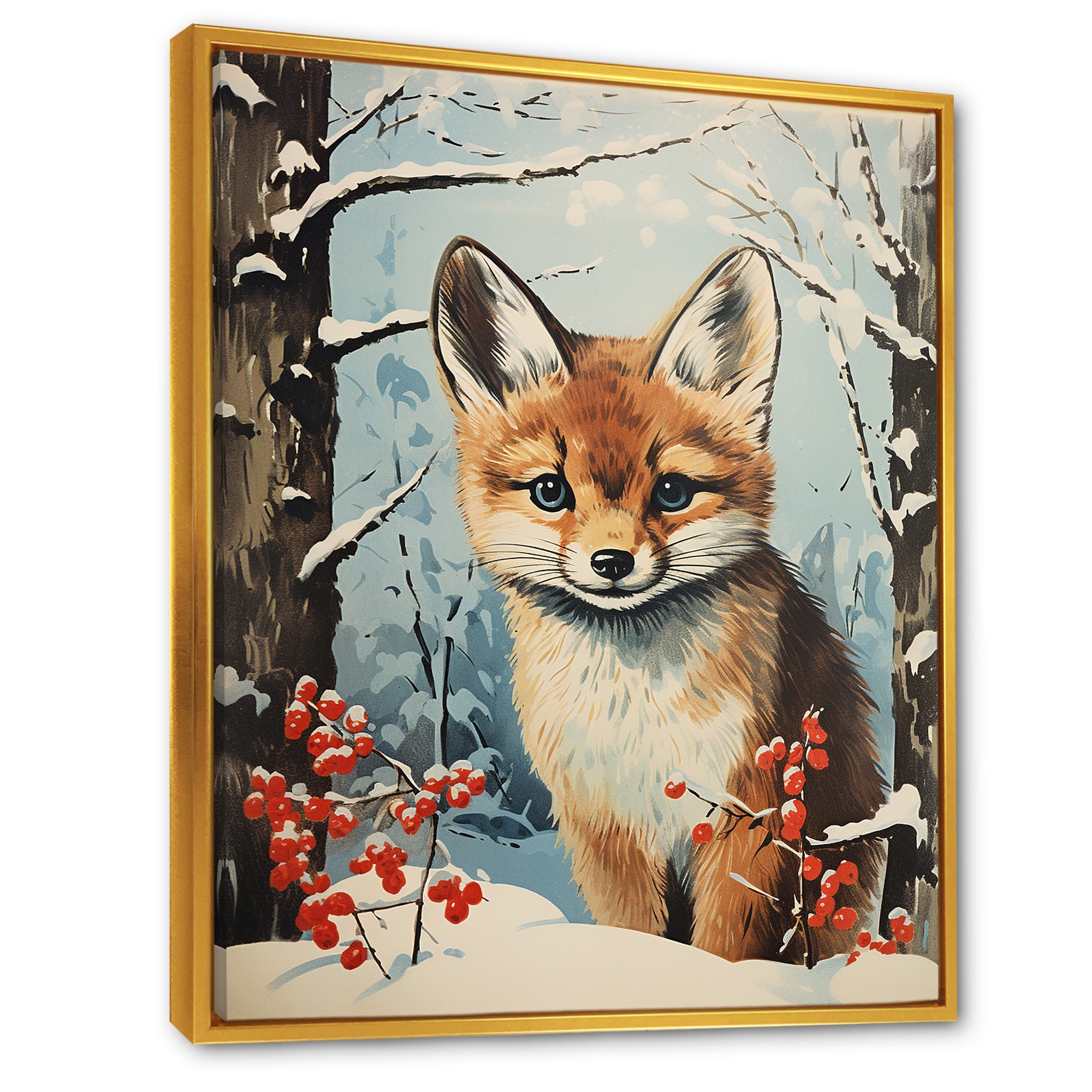 Winter scene cute fox in forest - Fox Framed Canvas Art