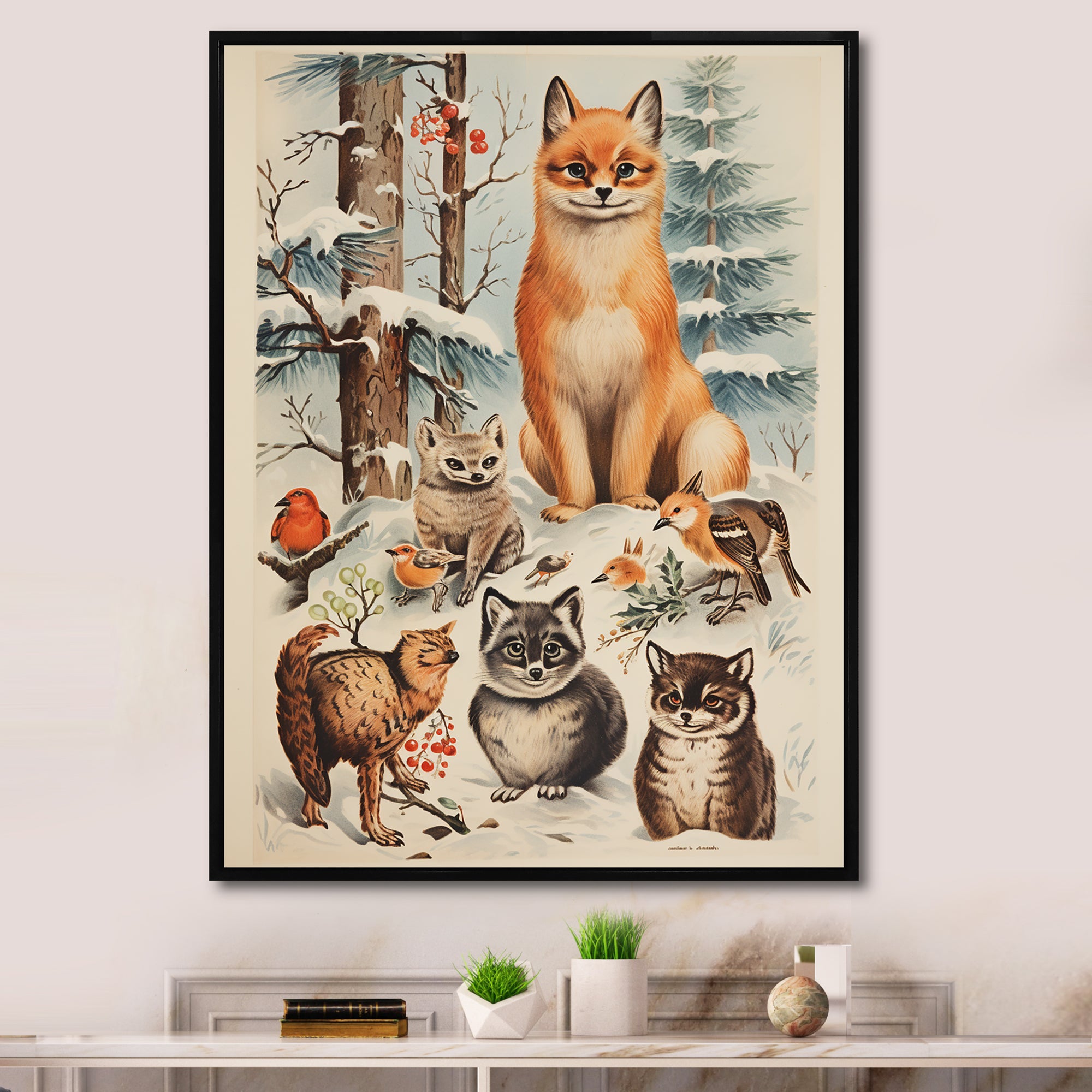 Winter Animal fox with friends - Fox Home Decor Art