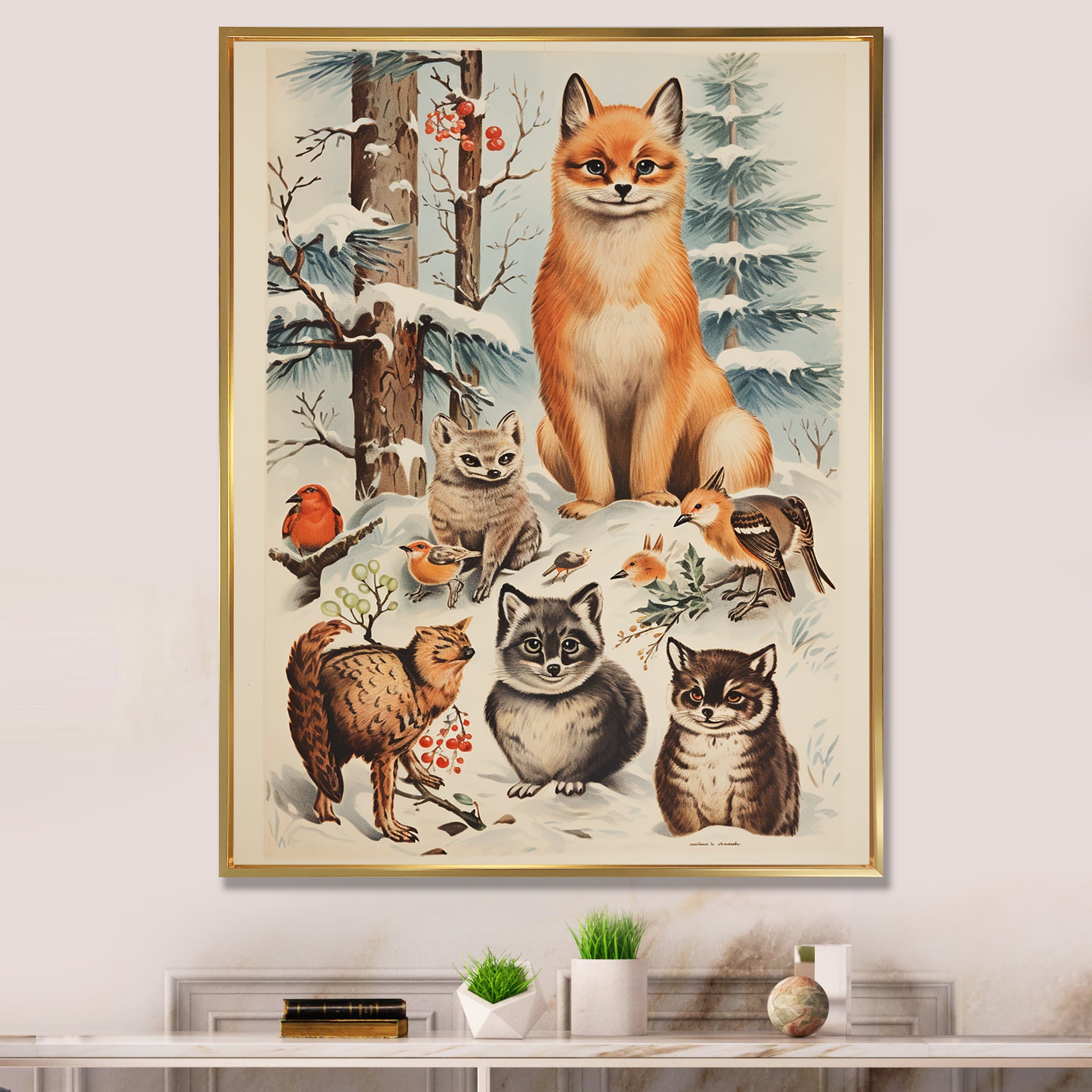 Winter Animal fox with friends - Fox Home Decor Art