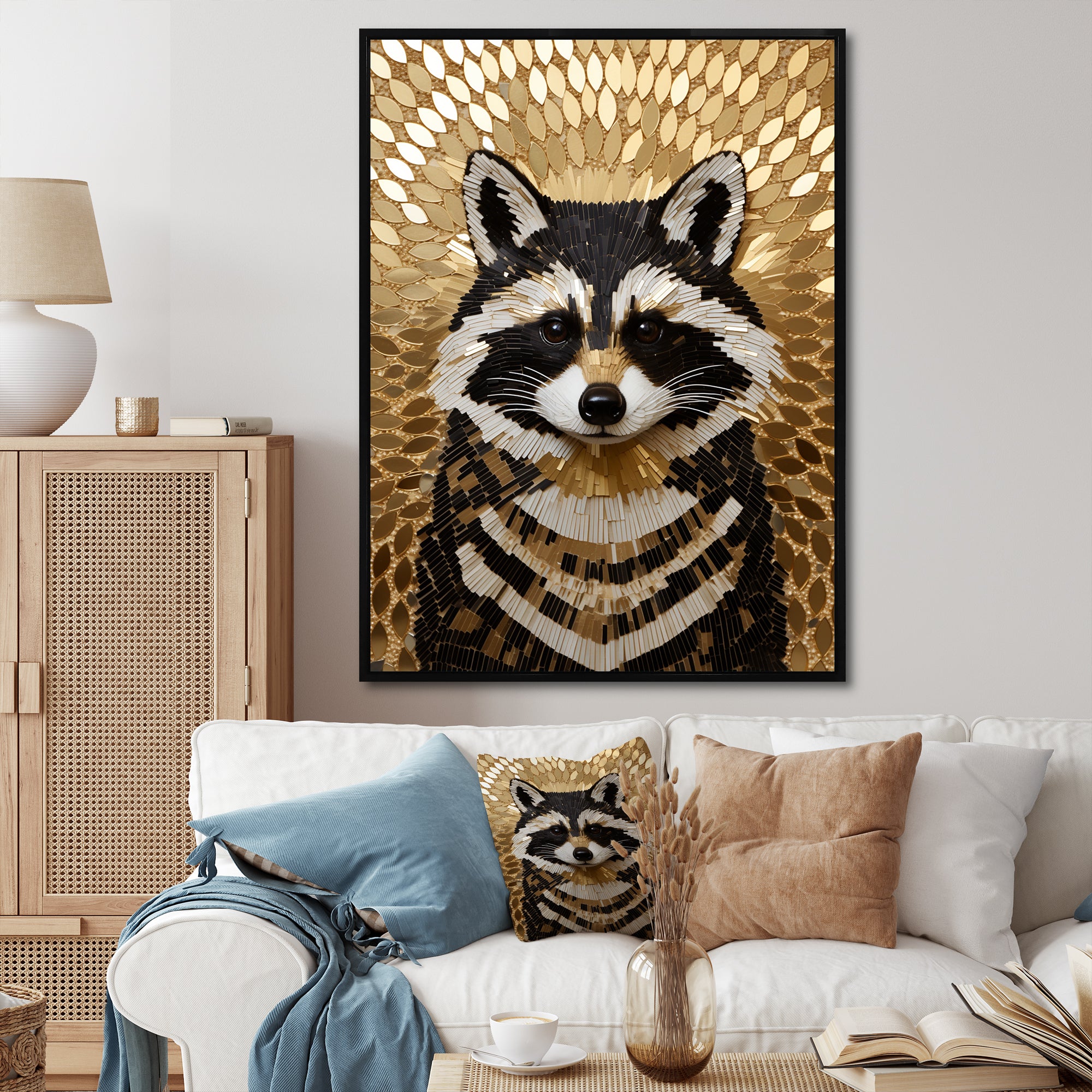 Gold and black curious racoon - Raccoon Canvas Wall Art