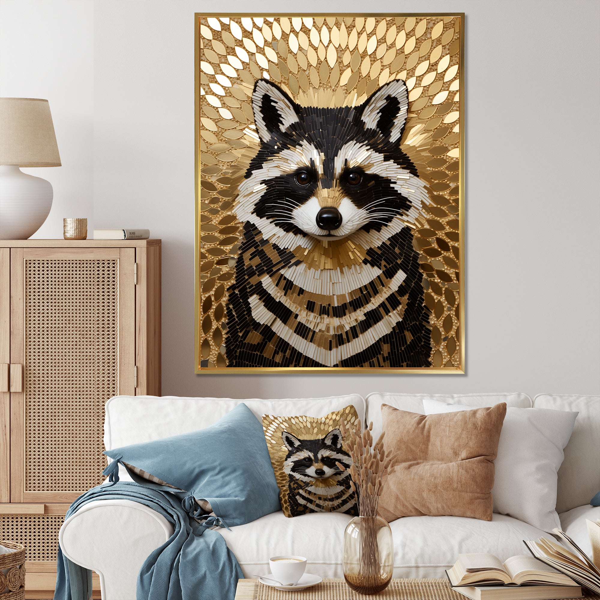 Gold and black curious racoon - Raccoon Canvas Wall Art