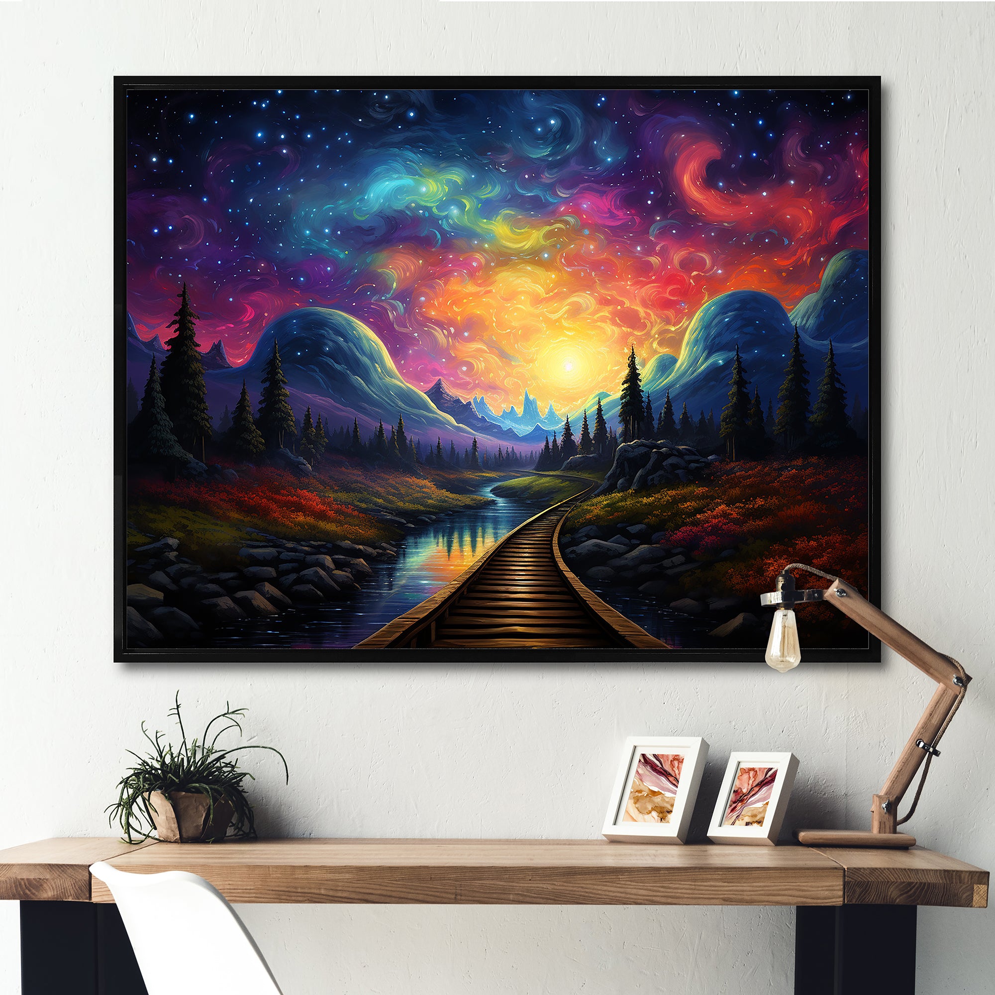 Starry Night Train tracks to the sky I - Train Canvas Wall Art