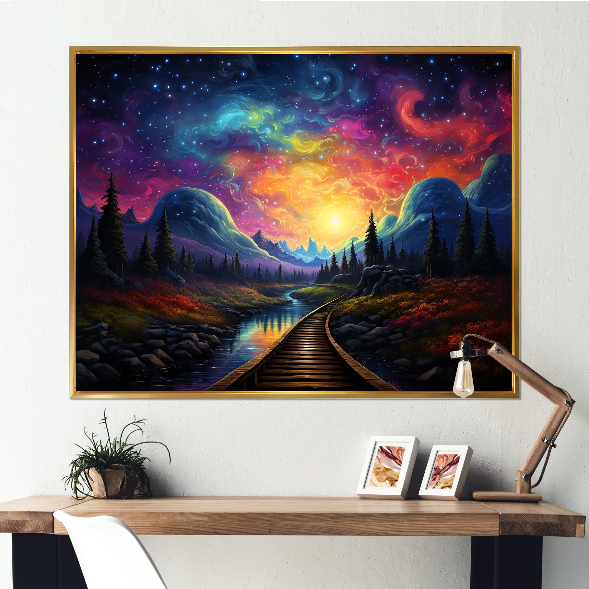 Starry Night Train tracks to the sky I - Train Canvas Wall Art