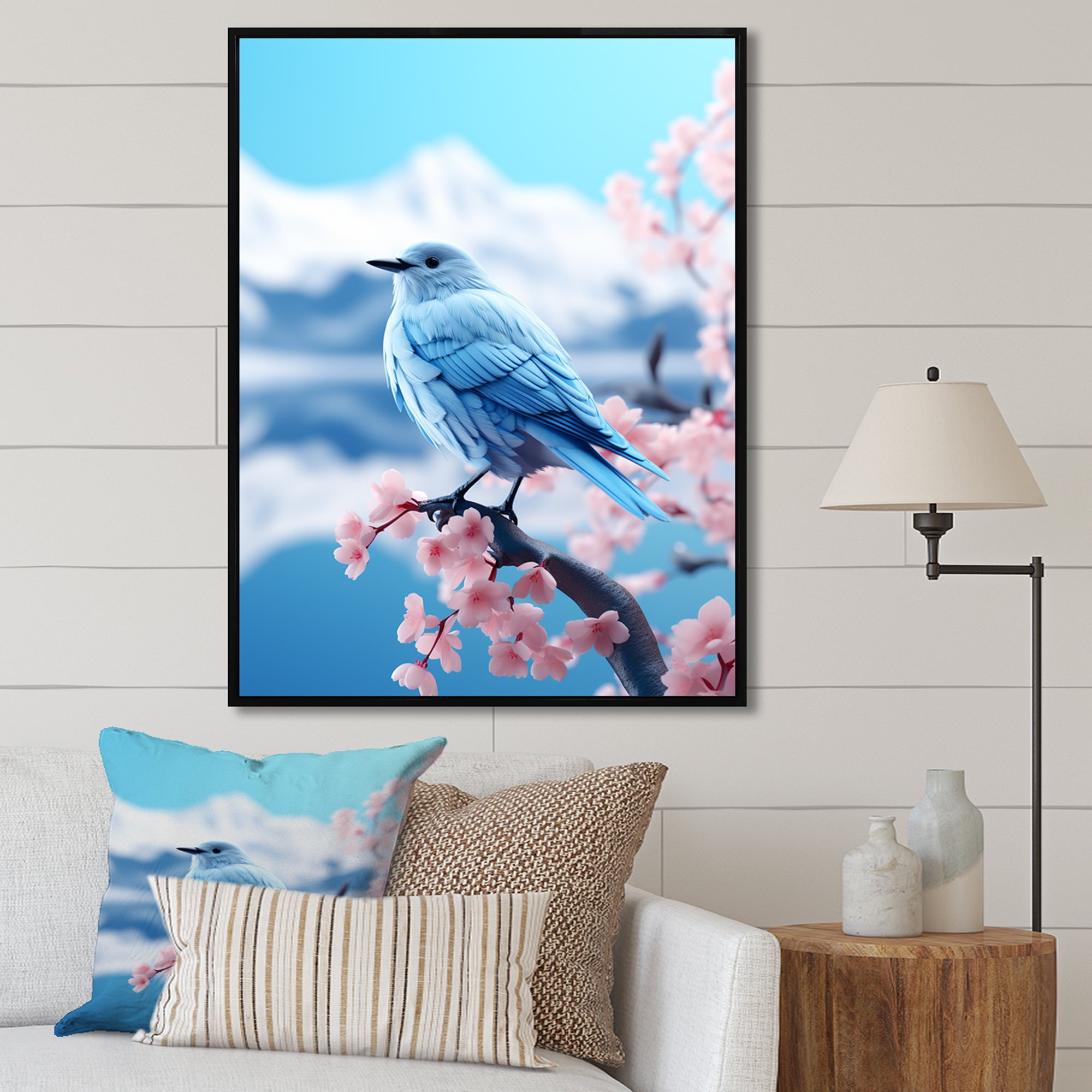 Japan blue bird Frost on pink Thistle - Bird Floral Wall Decor