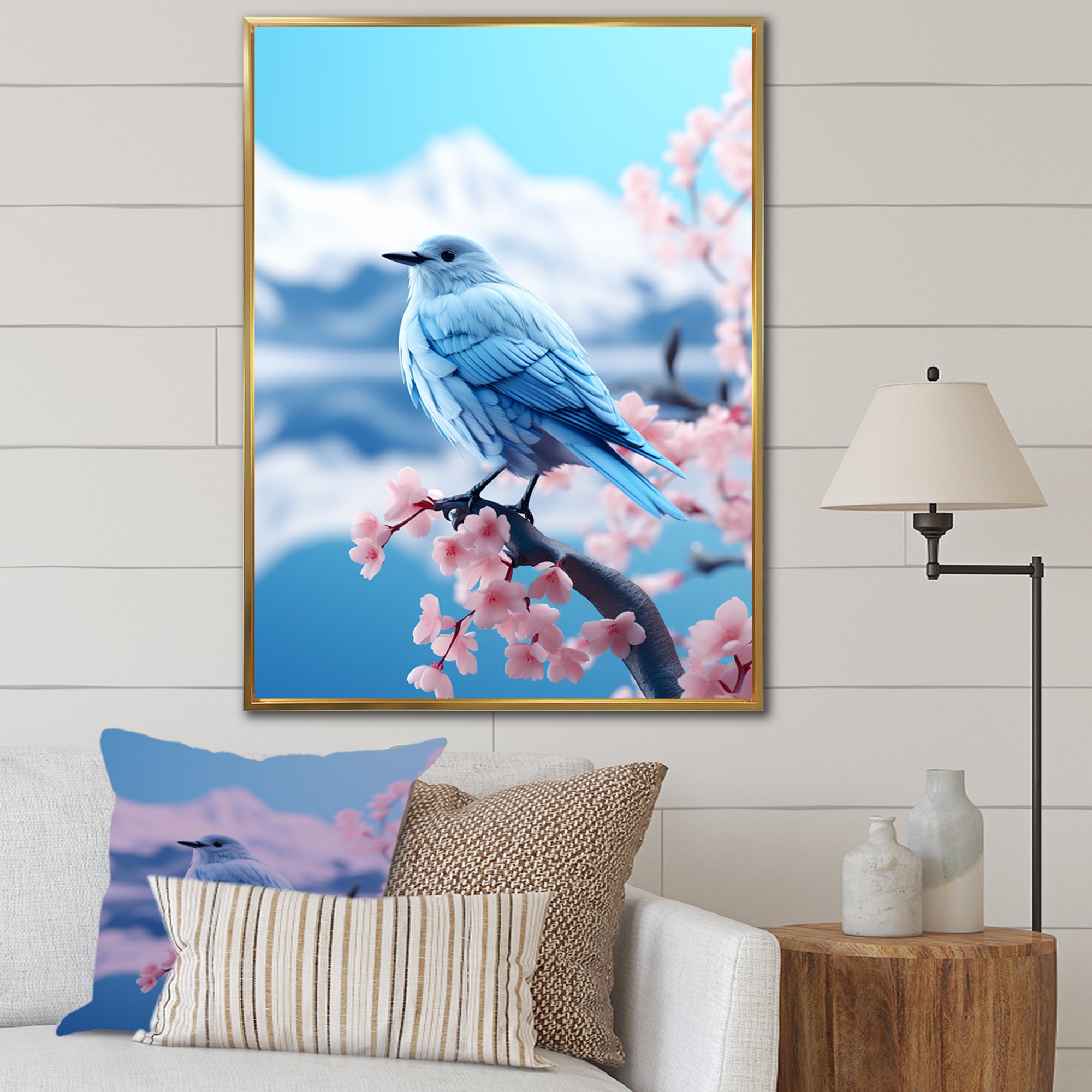 Japan blue bird Frost on pink Thistle - Bird Floral Wall Decor