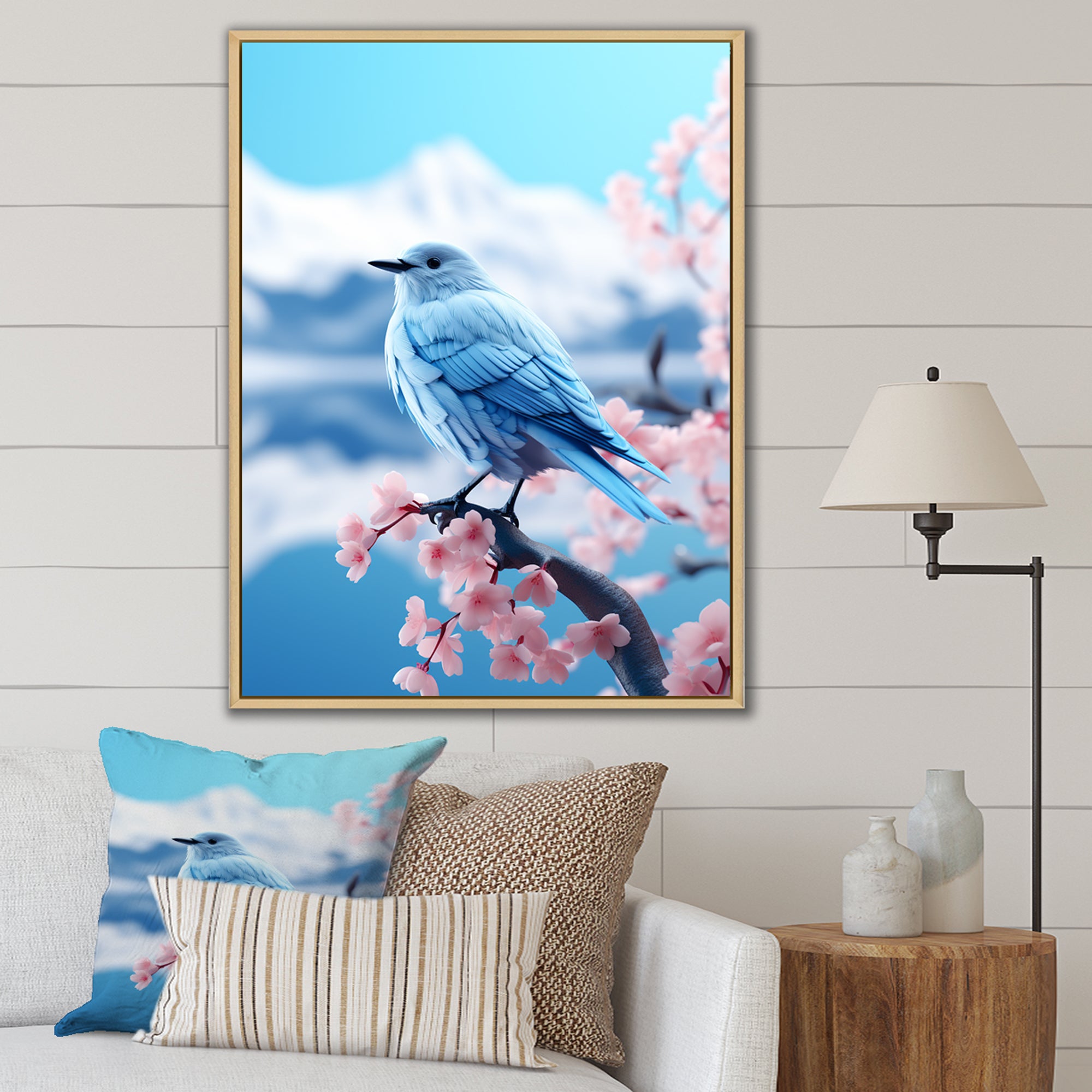 Japan blue bird Frost on pink Thistle - Bird Floral Wall Decor
