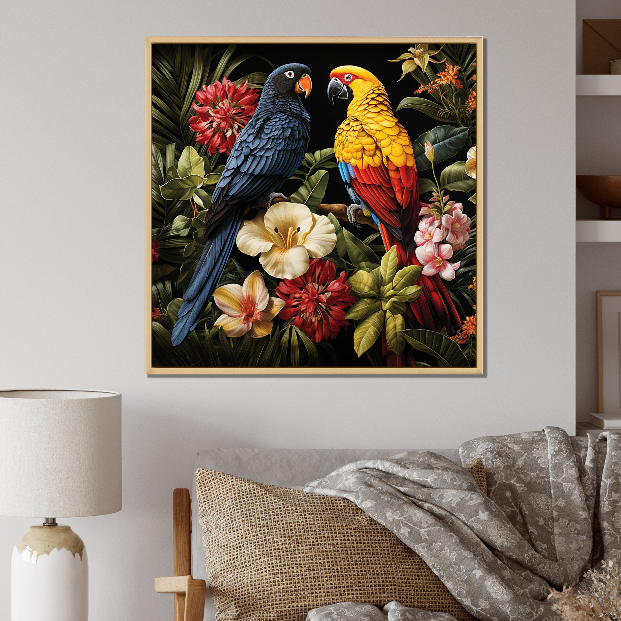 Yellow and blue Tropical Parrots - Blue Parrot Wall Art