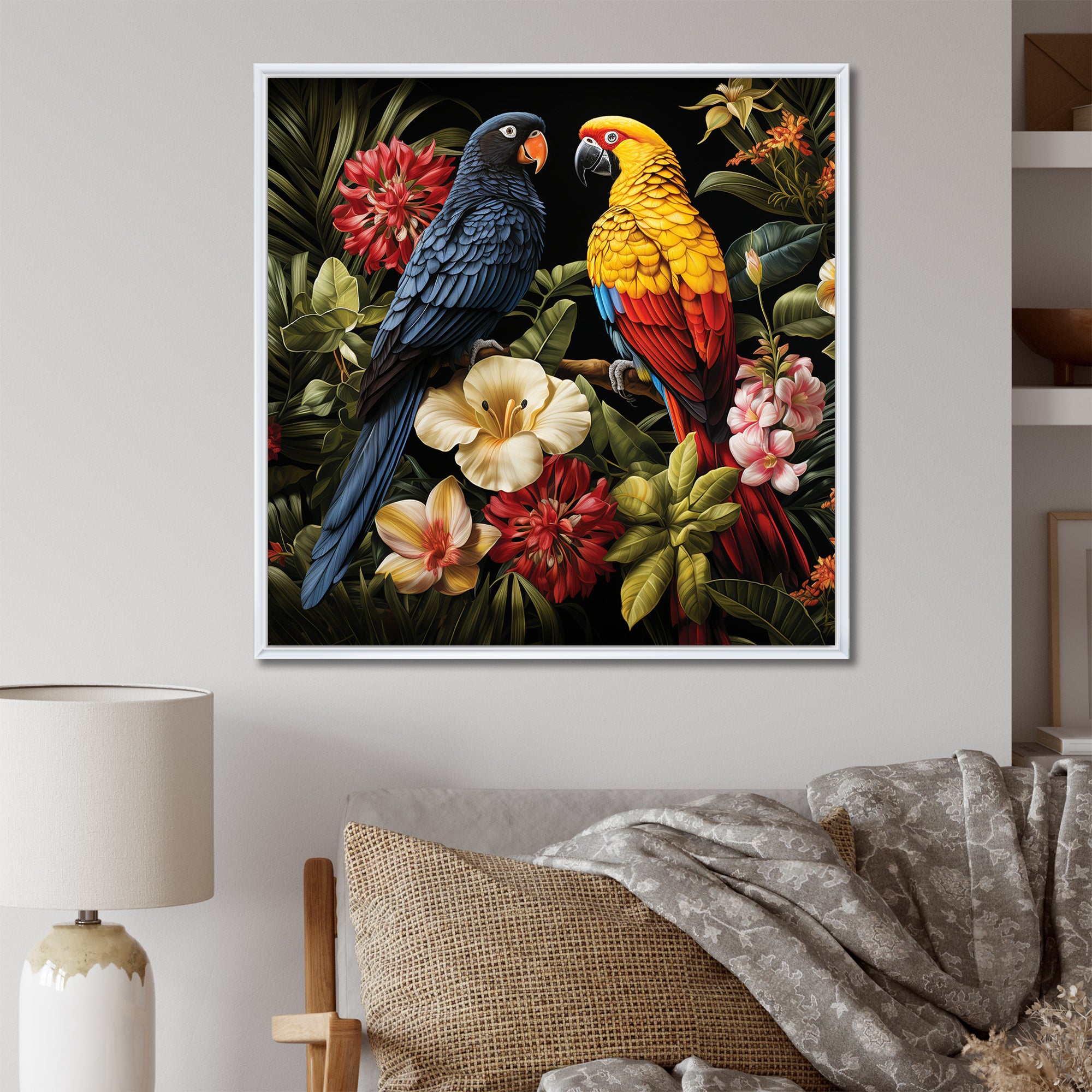 Yellow and blue Tropical Parrots - Blue Parrot Wall Art
