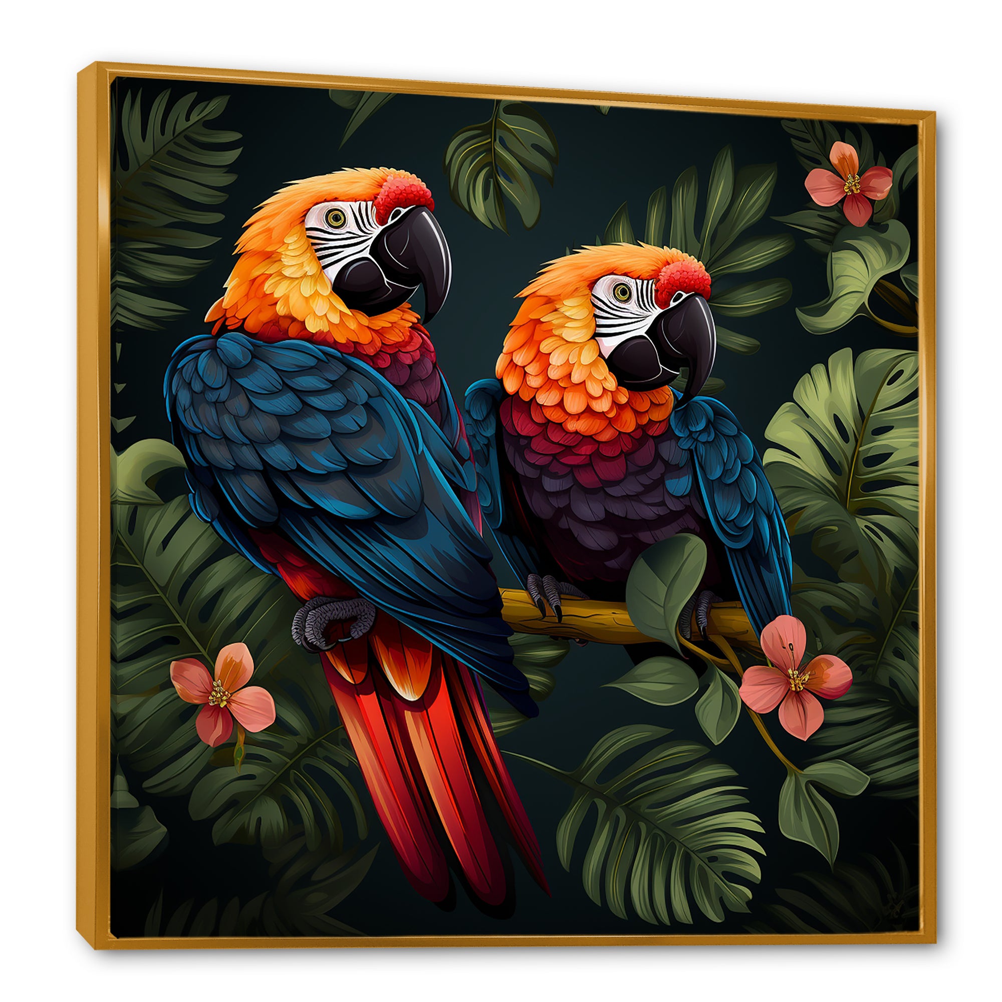 Orange and green Tropical parrots - Parrot Framed Canvas Art