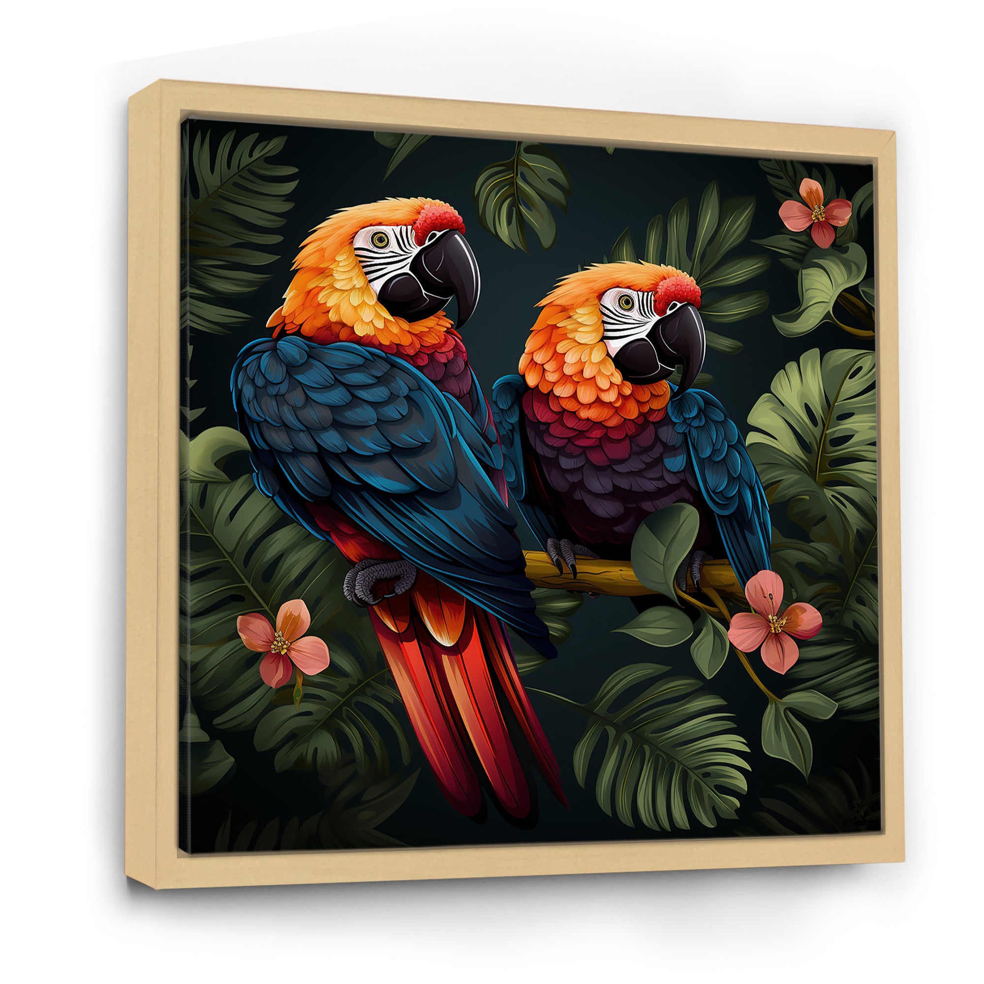 Orange and green Tropical parrots - Parrot Framed Canvas Art
