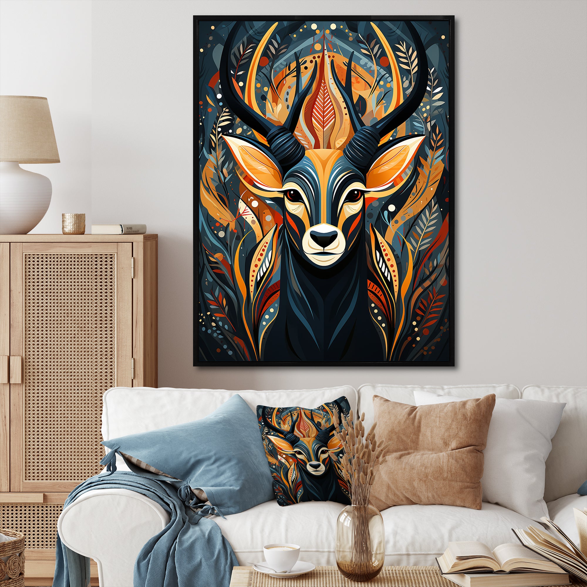 Orange and green African Deer spirit - Deer Framed Canvas Art