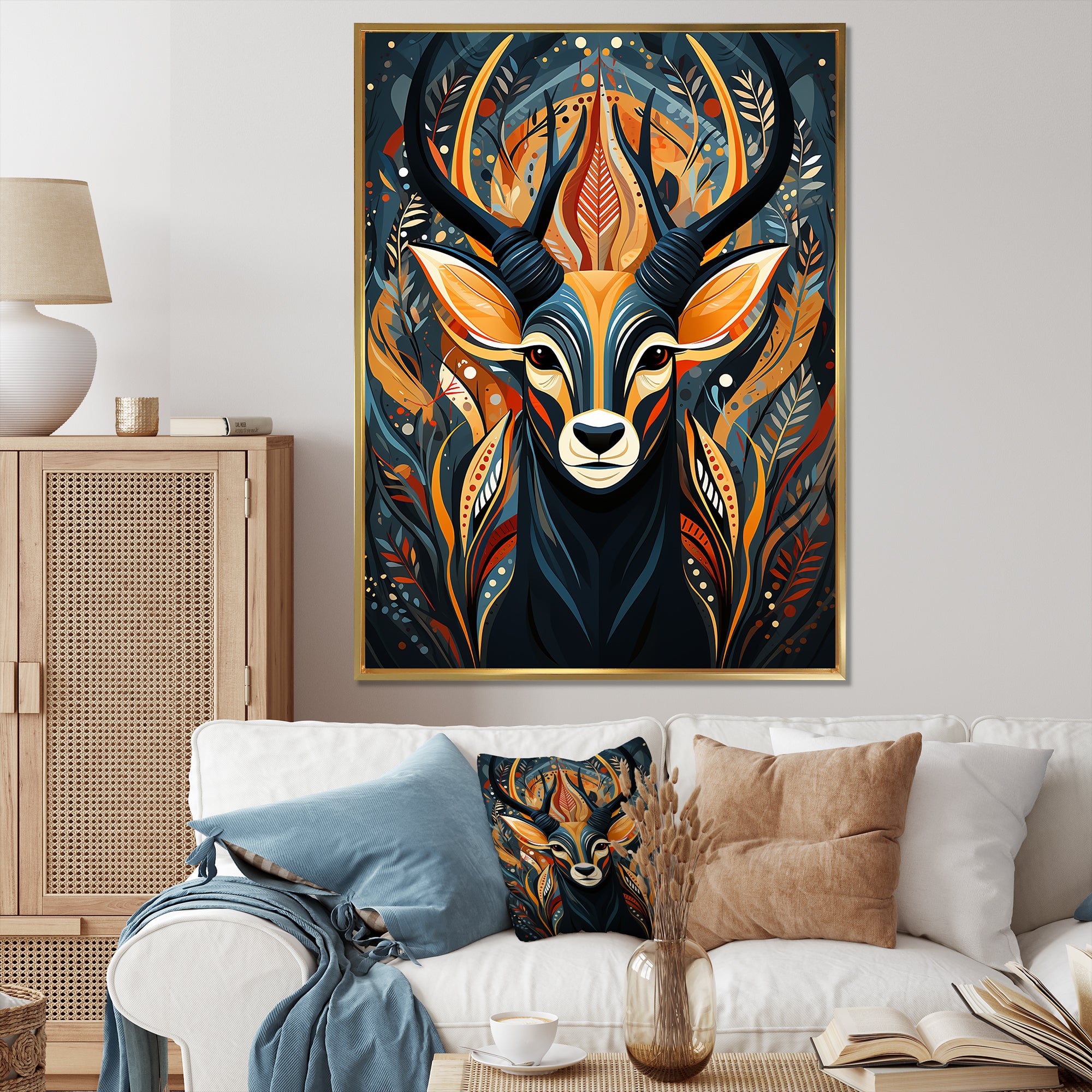 Orange and green African Deer spirit - Deer Framed Canvas Art