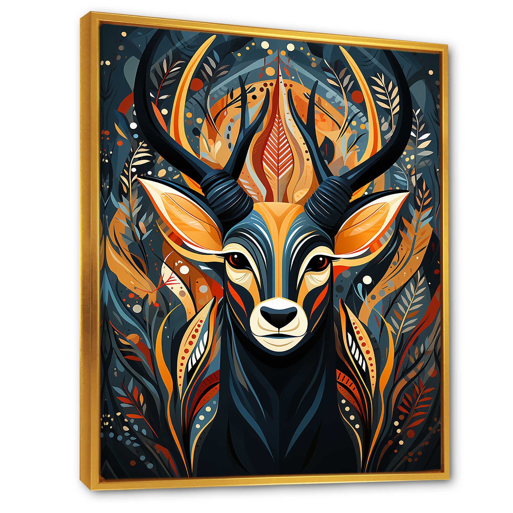 Orange and green African Deer spirit - Deer Framed Canvas Art