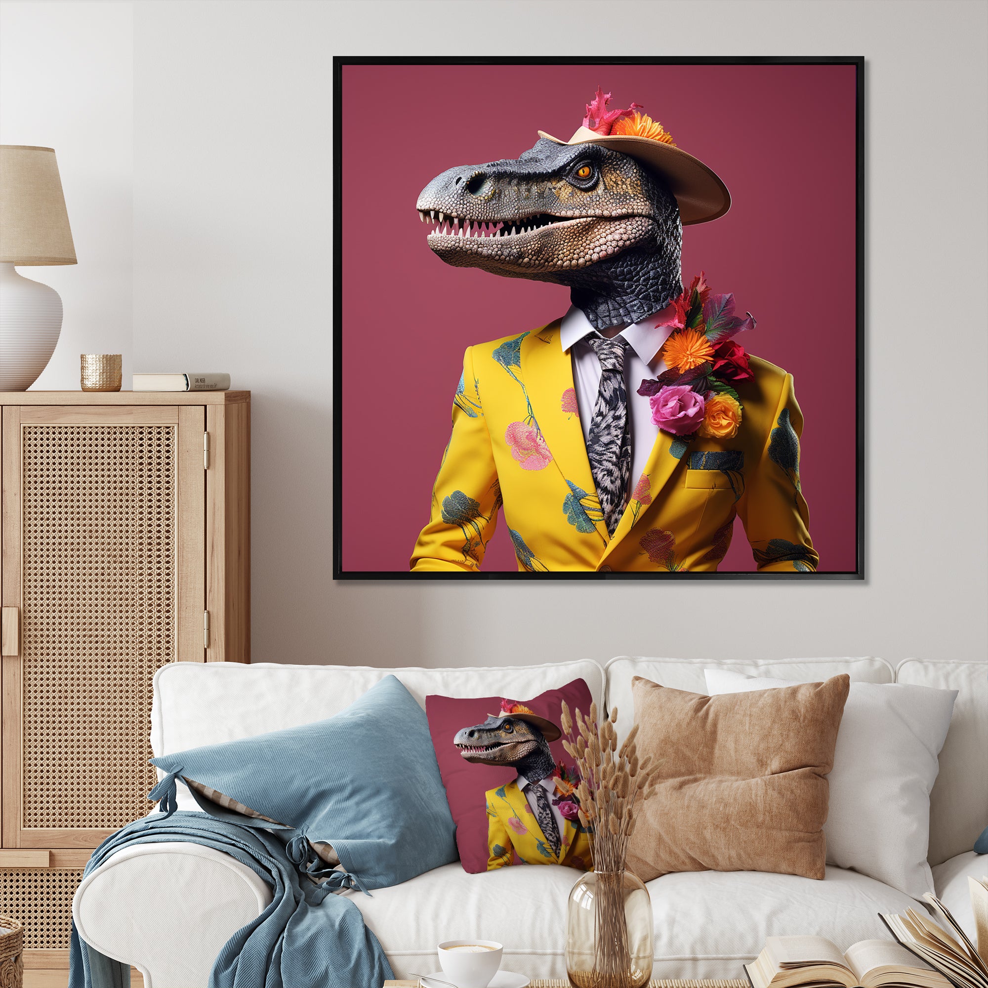 Pink and yellow Fashion dinosaur in suit - Pink Dinosaur Wall Art
