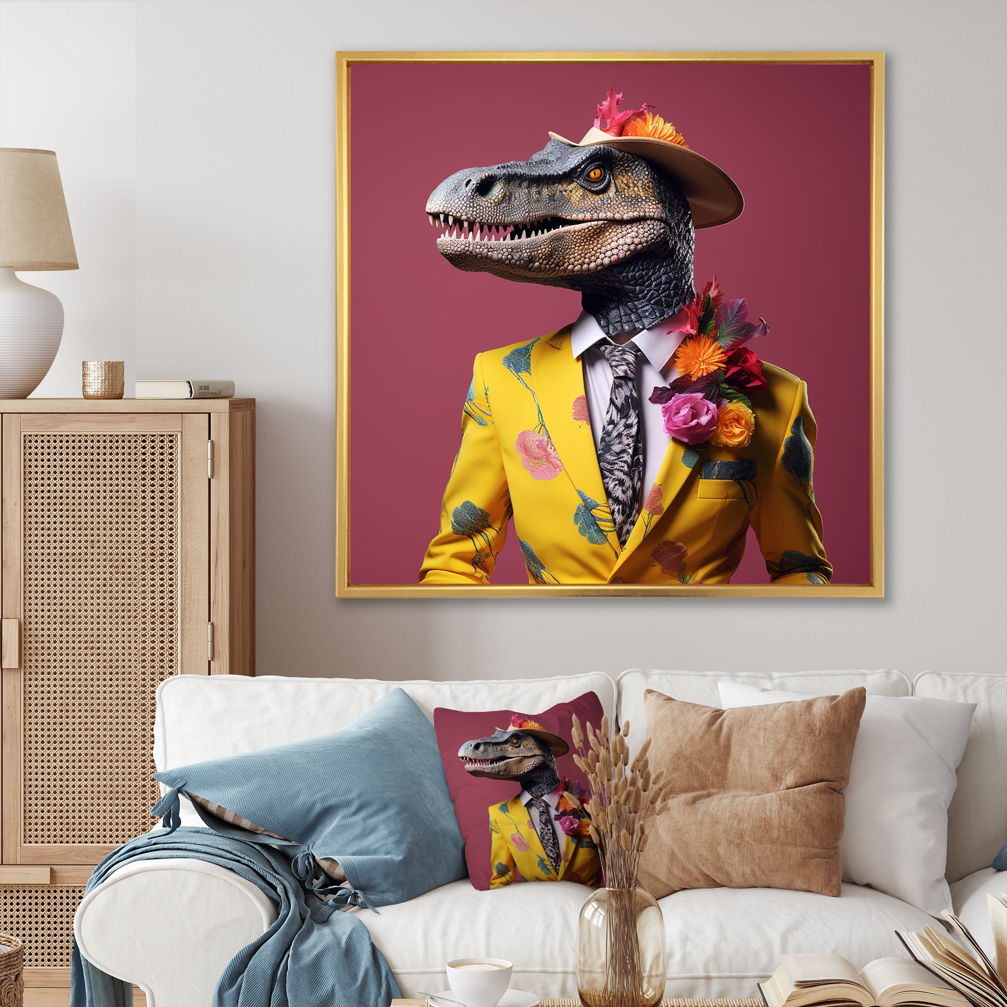 Pink and yellow Fashion dinosaur in suit - Pink Dinosaur Wall Art
