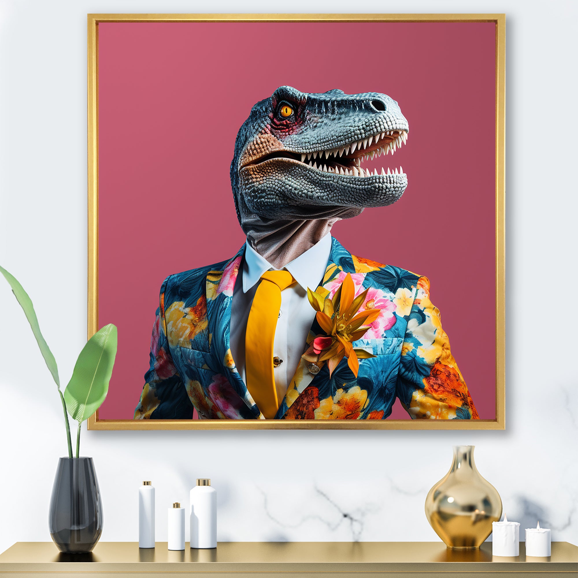 Yellow and pink Fashion first dressed Dinosaur - Dinosaur Large Canvas Wall Art