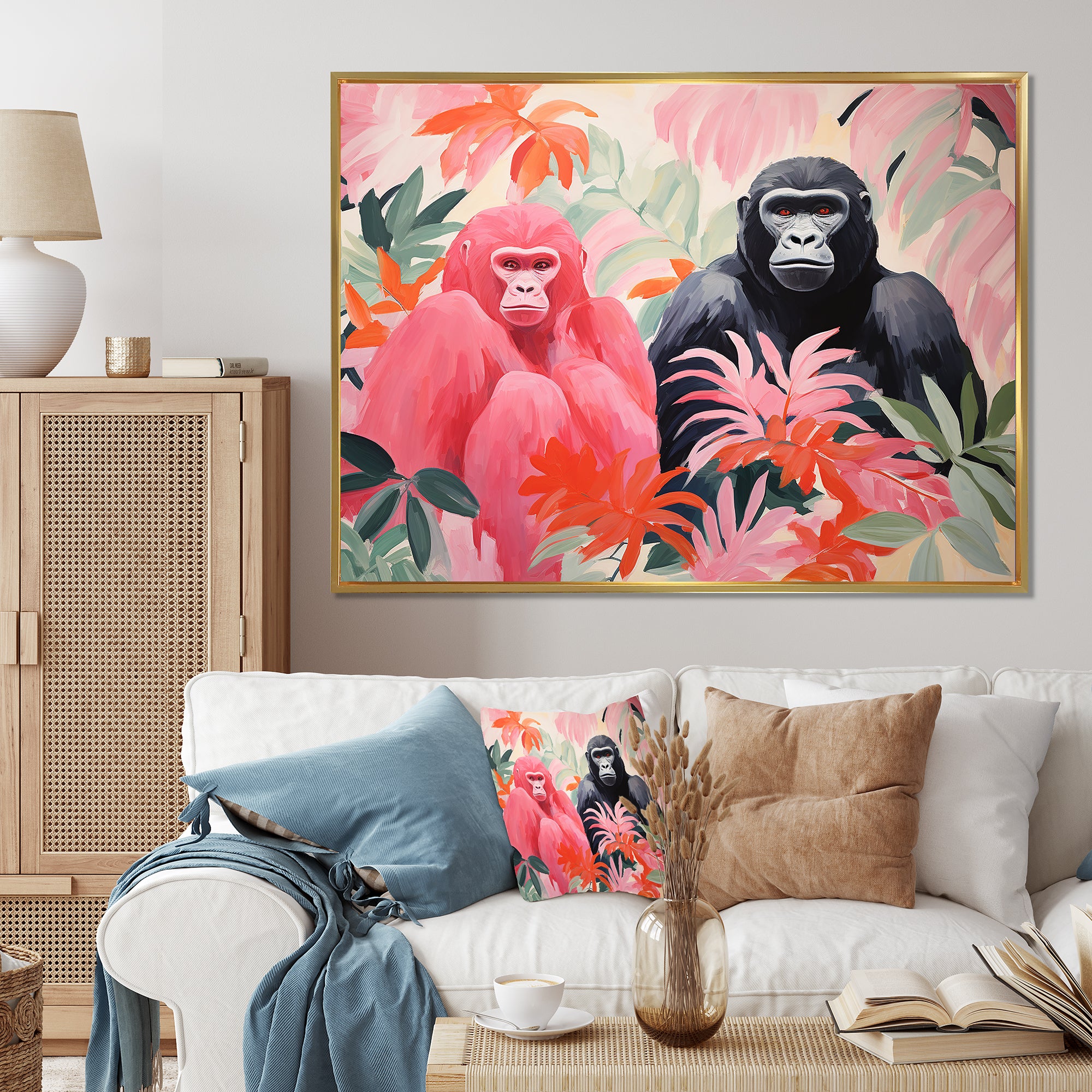 Pink and black Gorilla s Among Palms - Gorilla Wall Decor