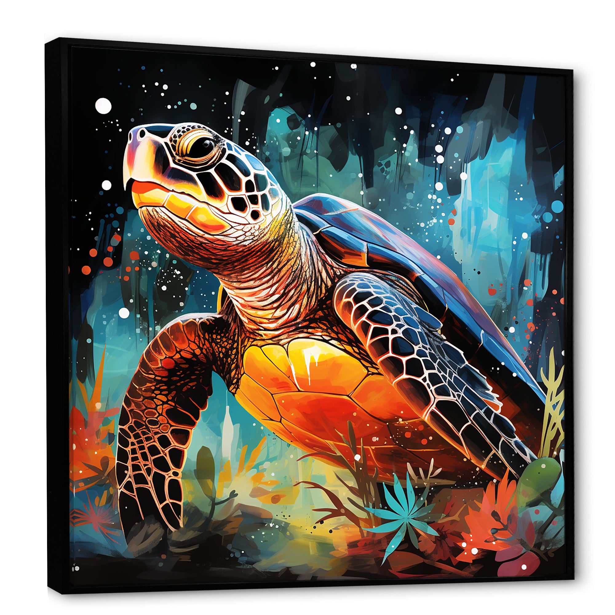 Graceful yellow and blue turtle swim - Turtle Canvas Wall Art