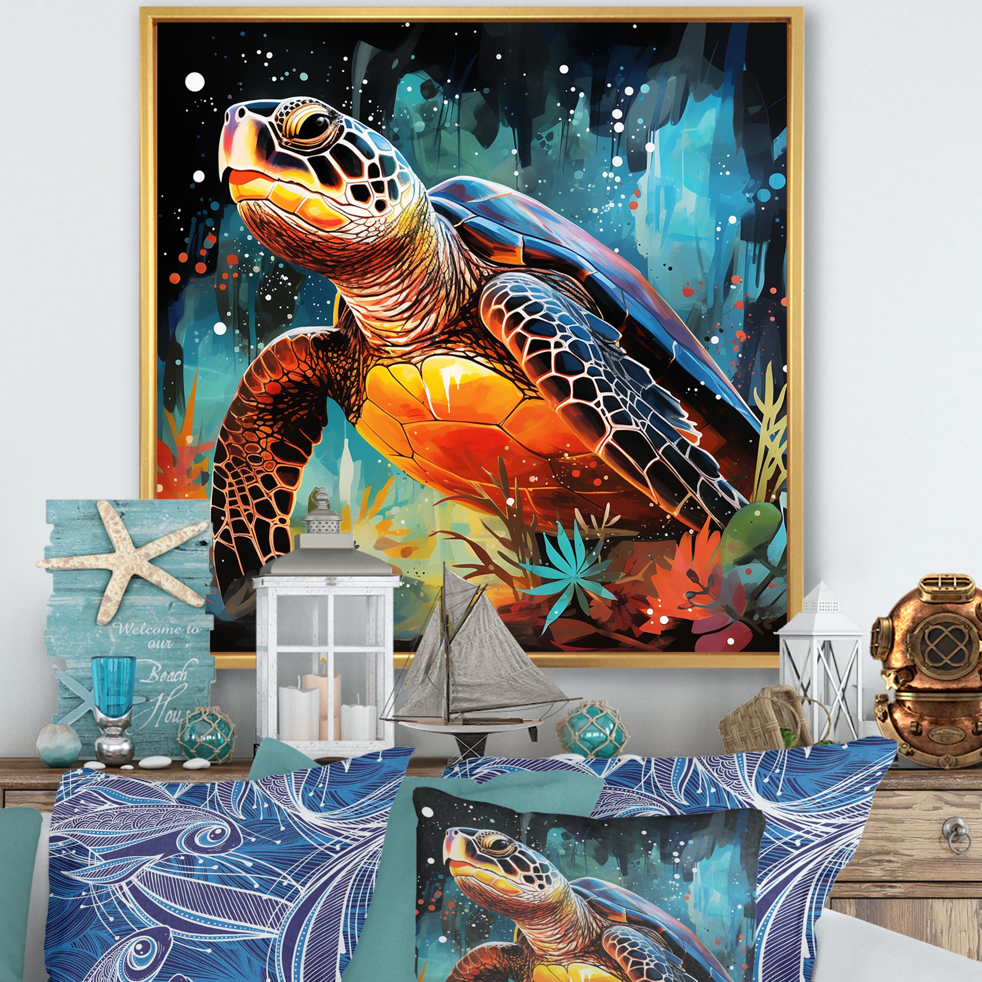 Graceful yellow and blue turtle swim - Turtle Canvas Wall Art
