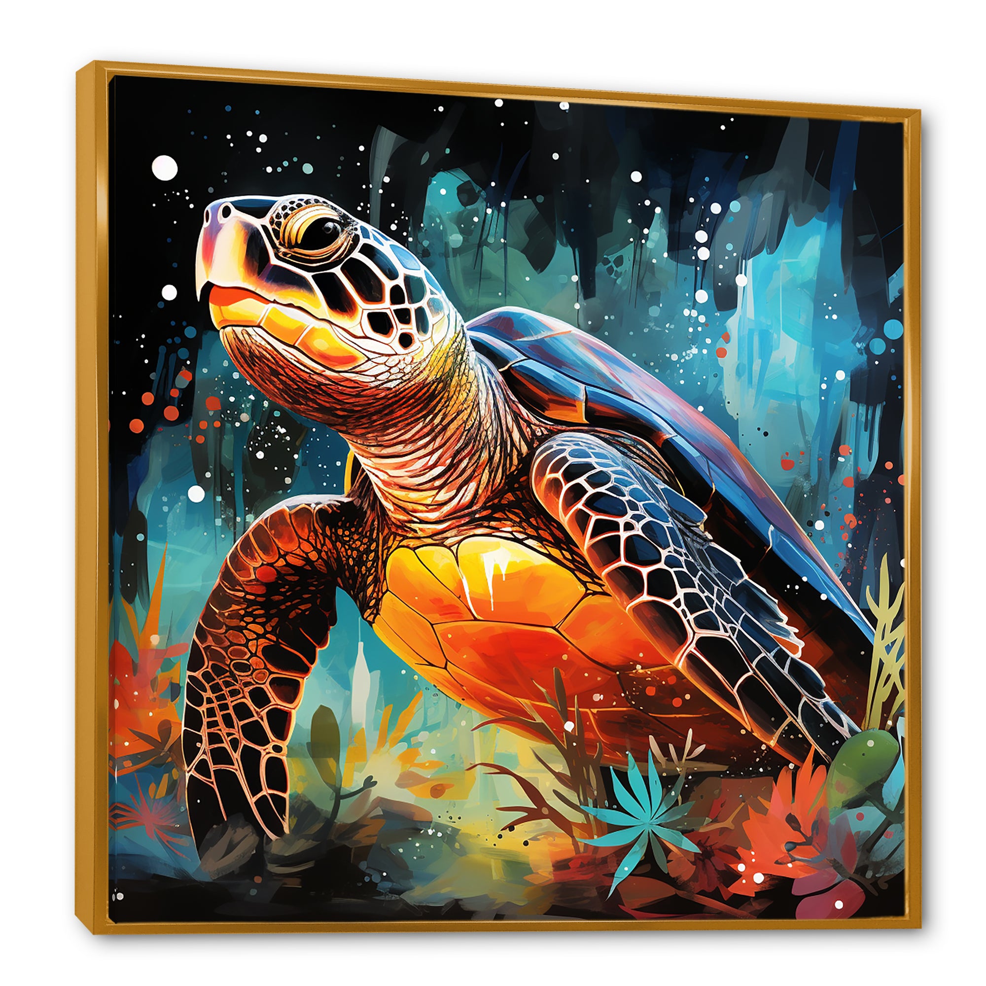 Graceful yellow and blue turtle swim - Turtle Canvas Wall Art
