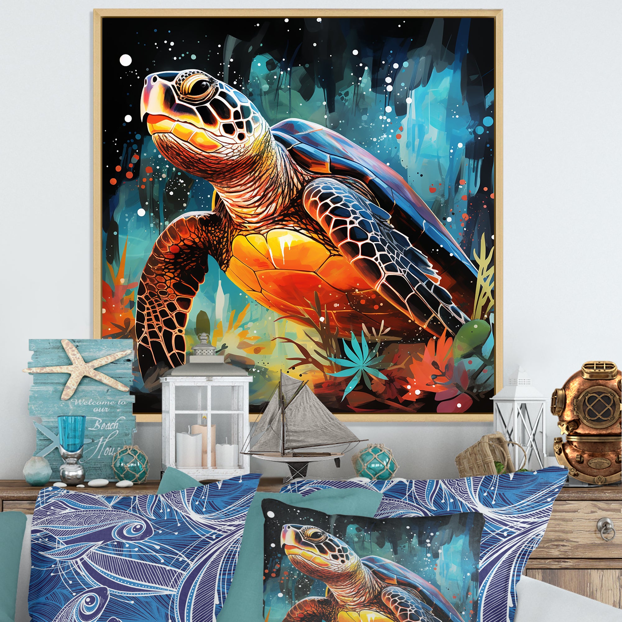 Graceful yellow and blue turtle swim - Turtle Canvas Wall Art