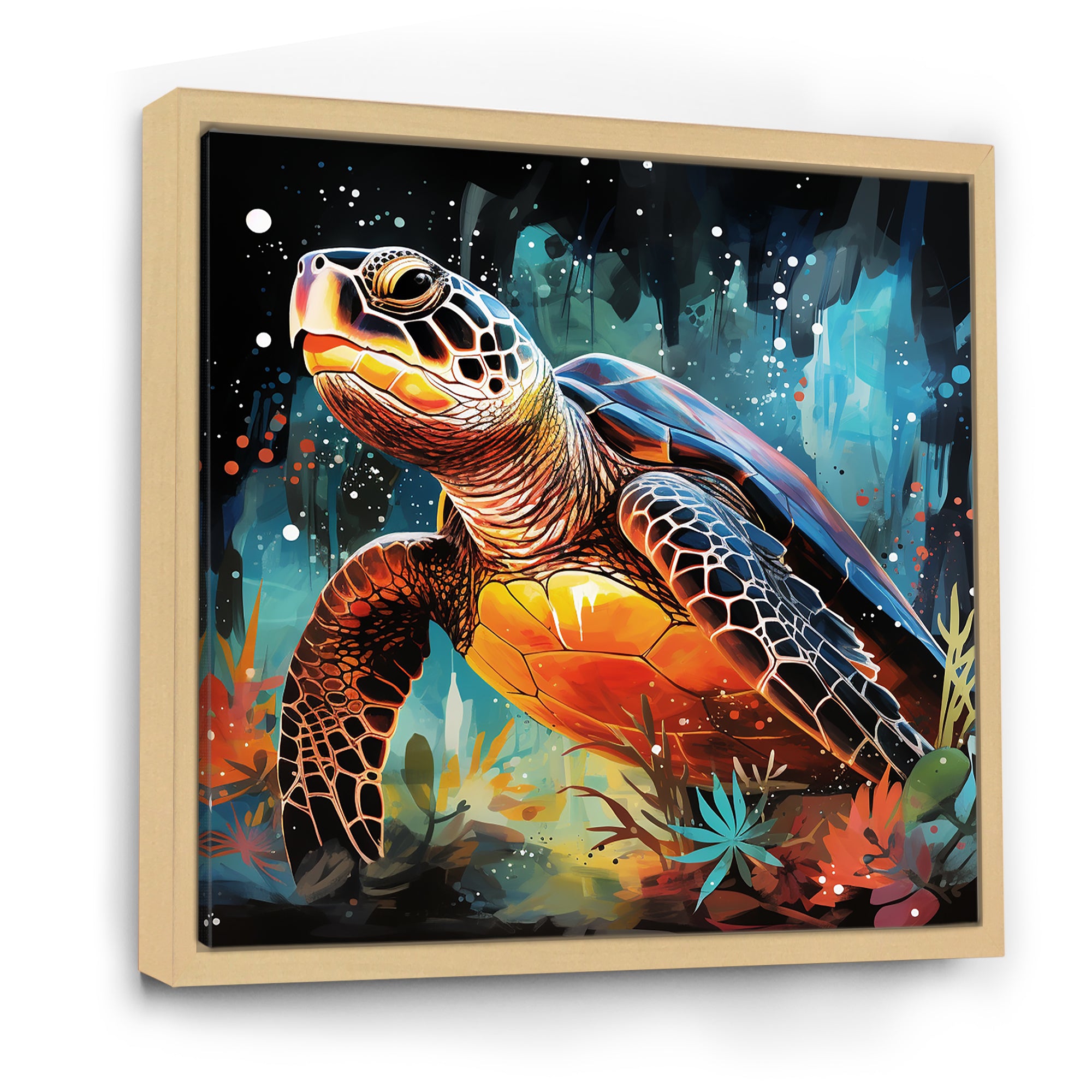 Graceful yellow and blue turtle swim - Turtle Canvas Wall Art