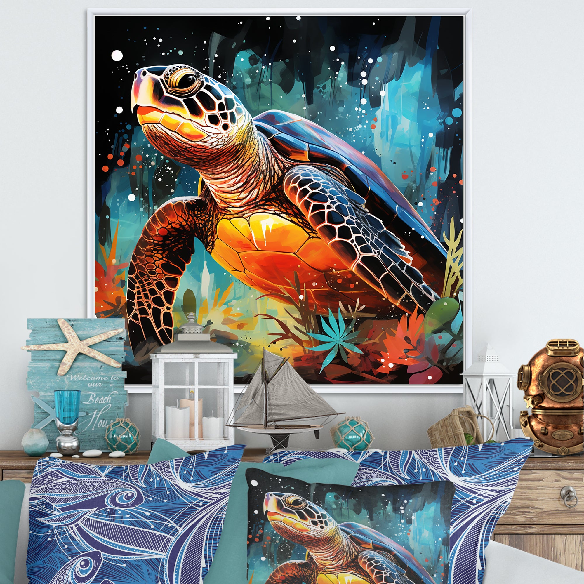 Graceful yellow and blue turtle swim - Turtle Canvas Wall Art
