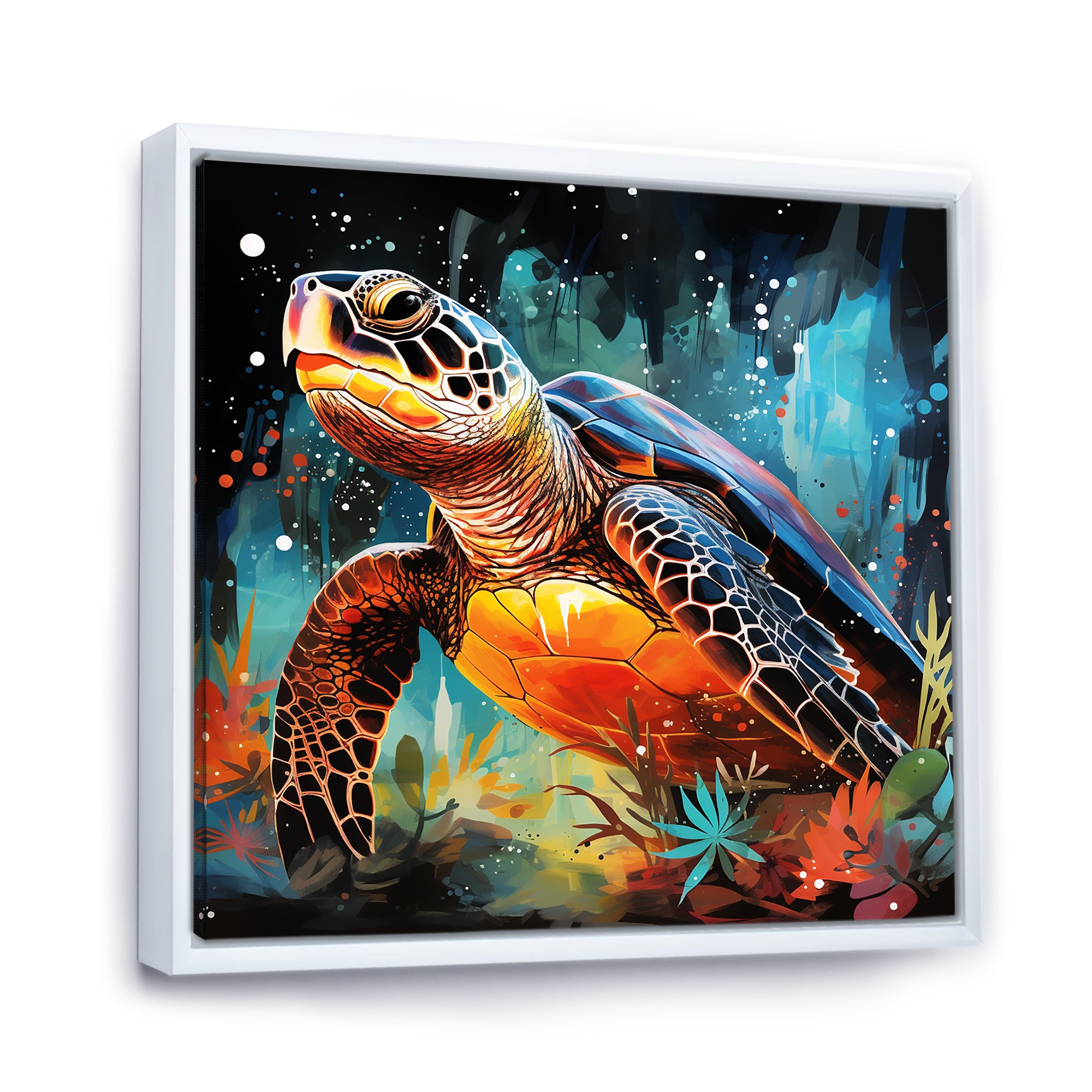 Graceful yellow and blue turtle swim - Turtle Canvas Wall Art