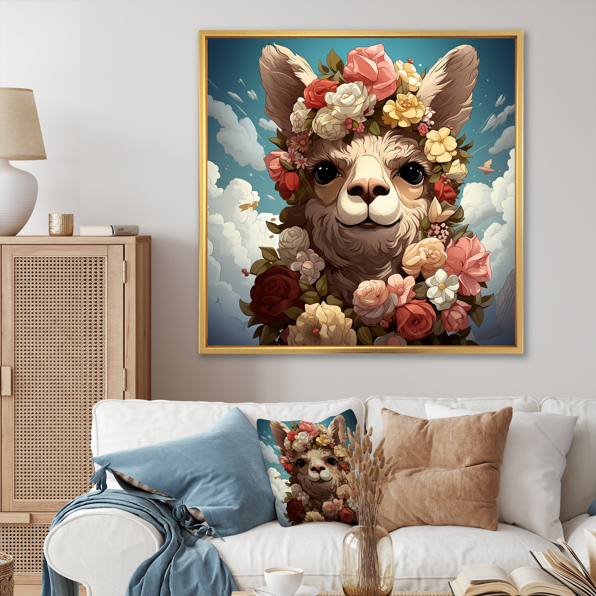 Flower crown Llama beauty - Llama Framed Canvas Art