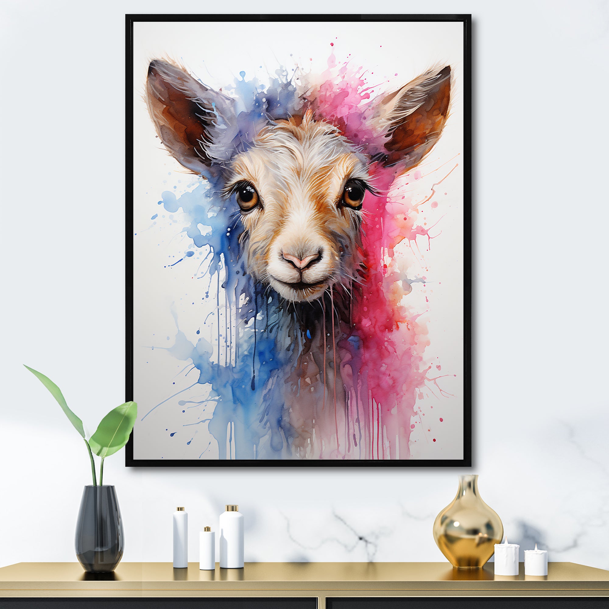 Pink and blue curious Llama portrait - Pink Llama Wall Art