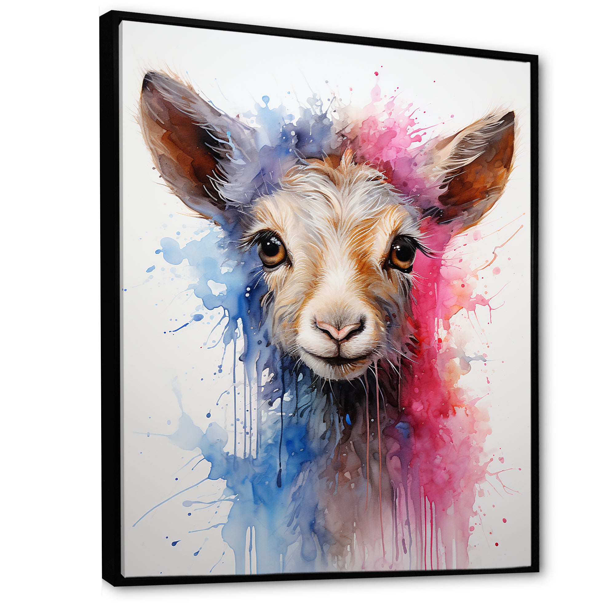 Pink and blue curious Llama portrait - Pink Llama Wall Art