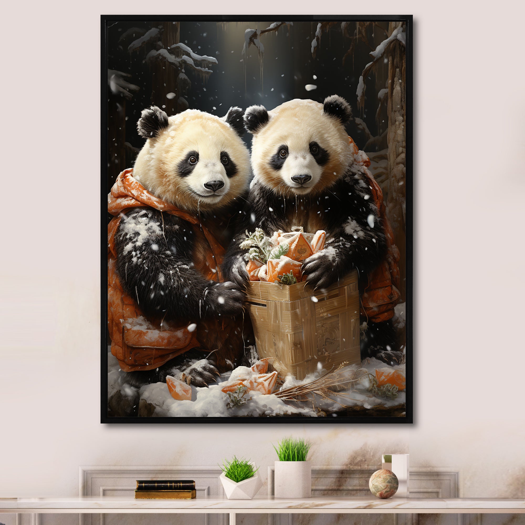 Snowy Bamboo Panda Party - Panda Bedroom Wall Art