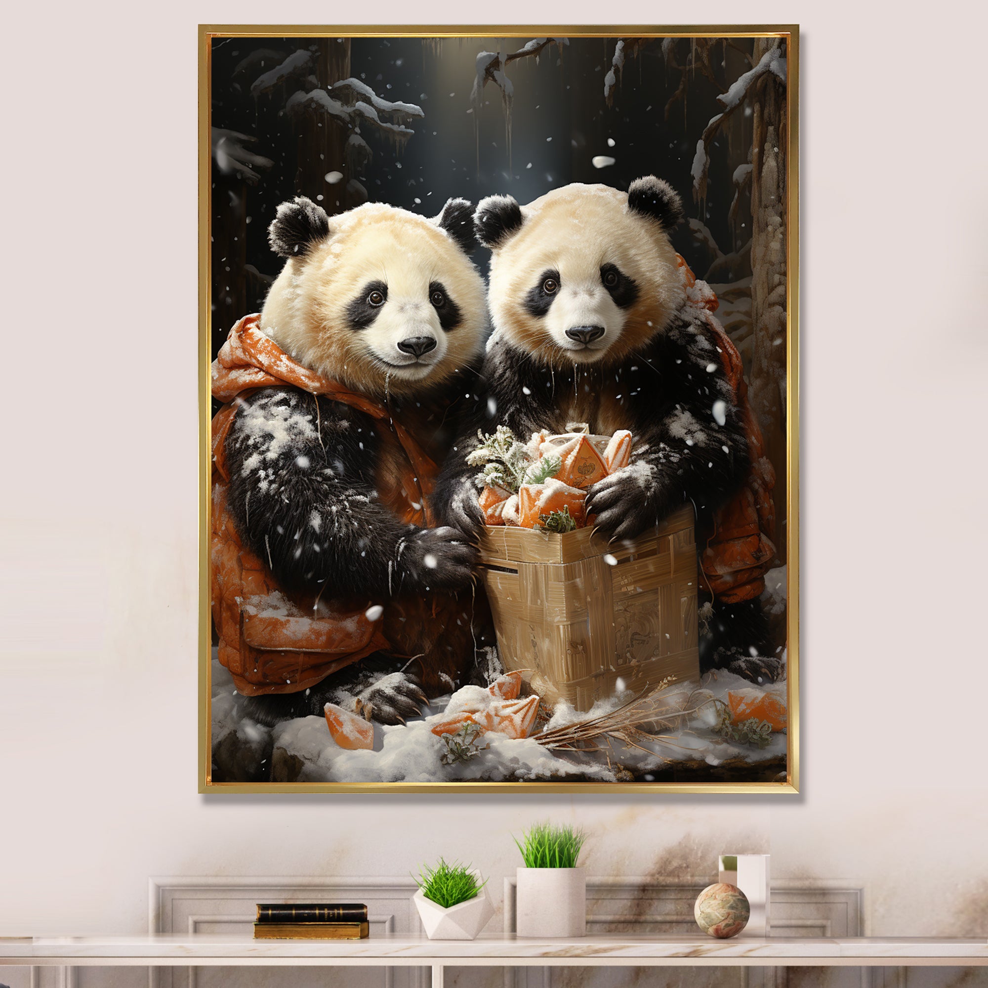 Snowy Bamboo Panda Party - Panda Bedroom Wall Art