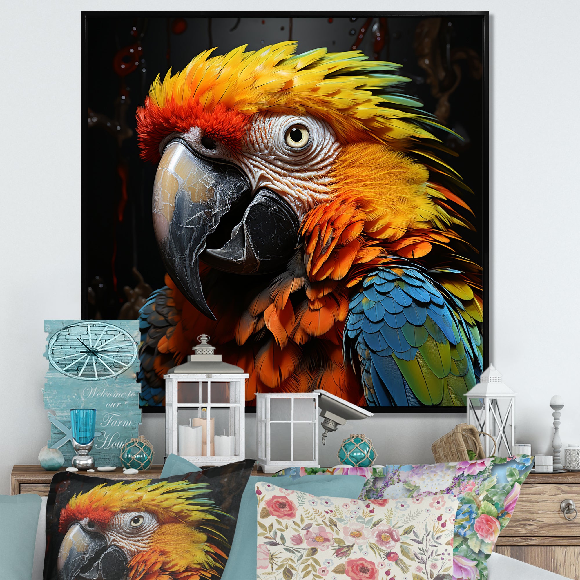 Yellow and blue Parrot portrait photo - Yellow Parrot Wall Art