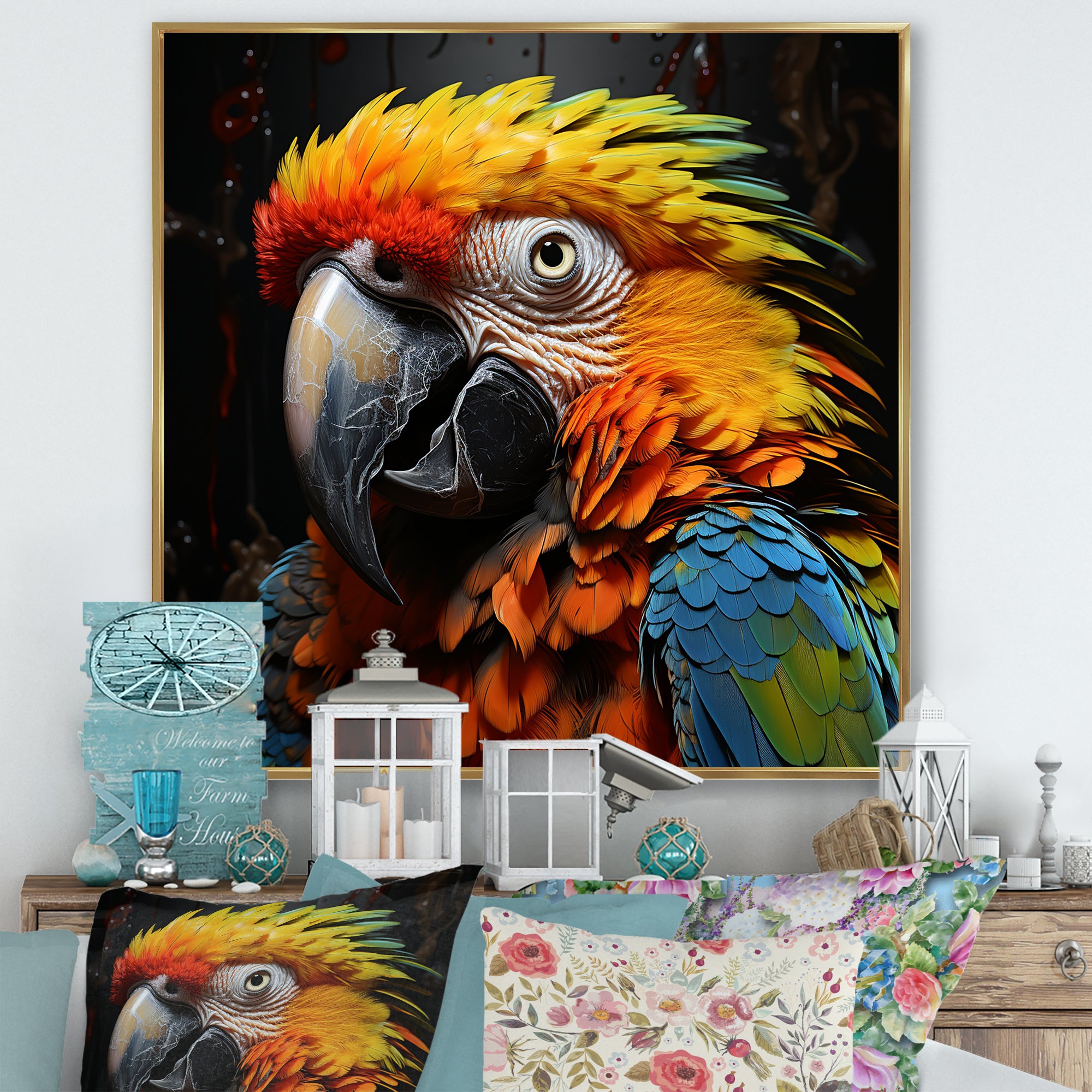 Yellow and blue Parrot portrait photo - Yellow Parrot Wall Art