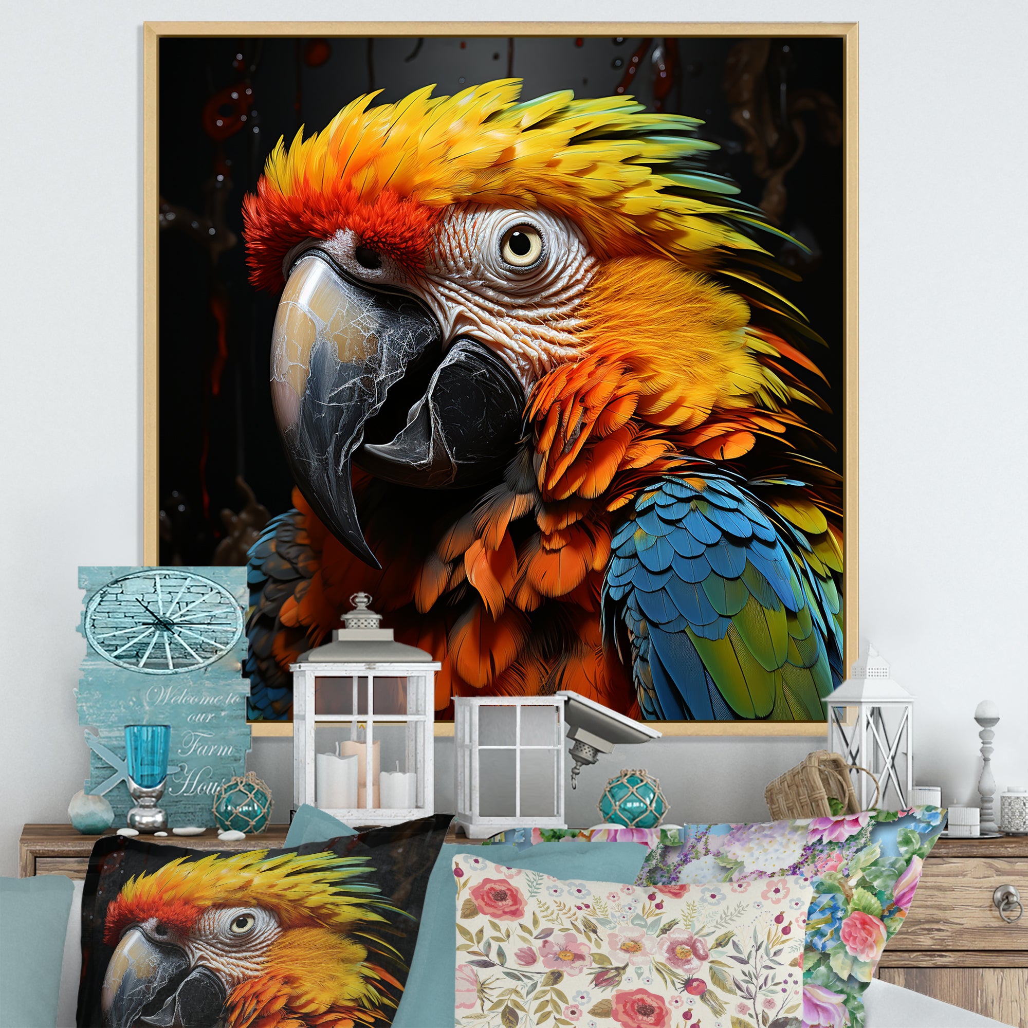 Yellow and blue Parrot portrait photo - Yellow Parrot Wall Art