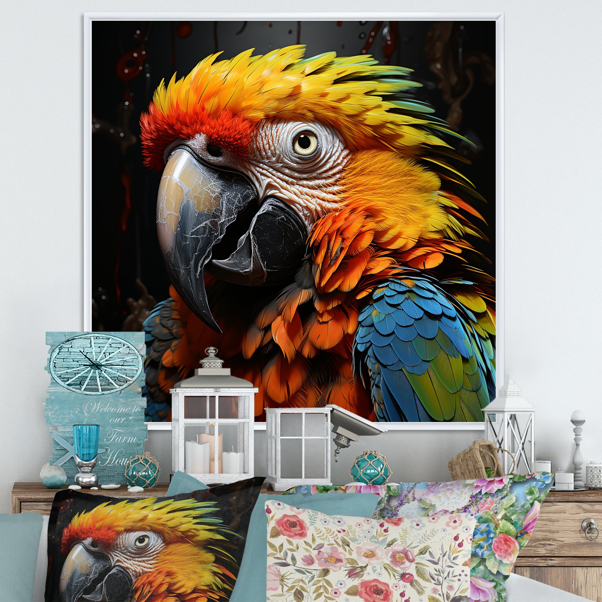 Yellow and blue Parrot portrait photo - Yellow Parrot Wall Art