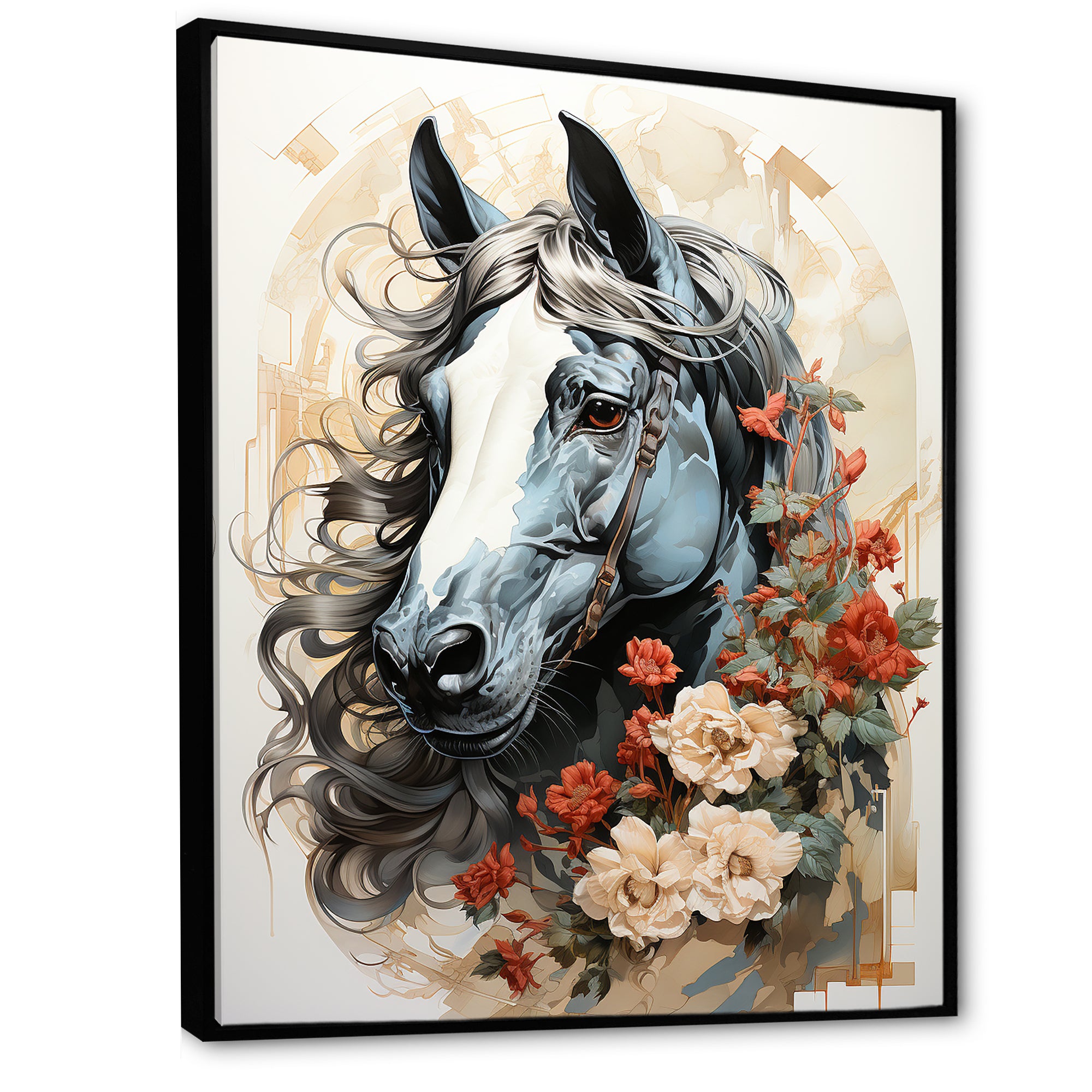 Grey floral Horse Beauty - Horse Canvas Wall Art