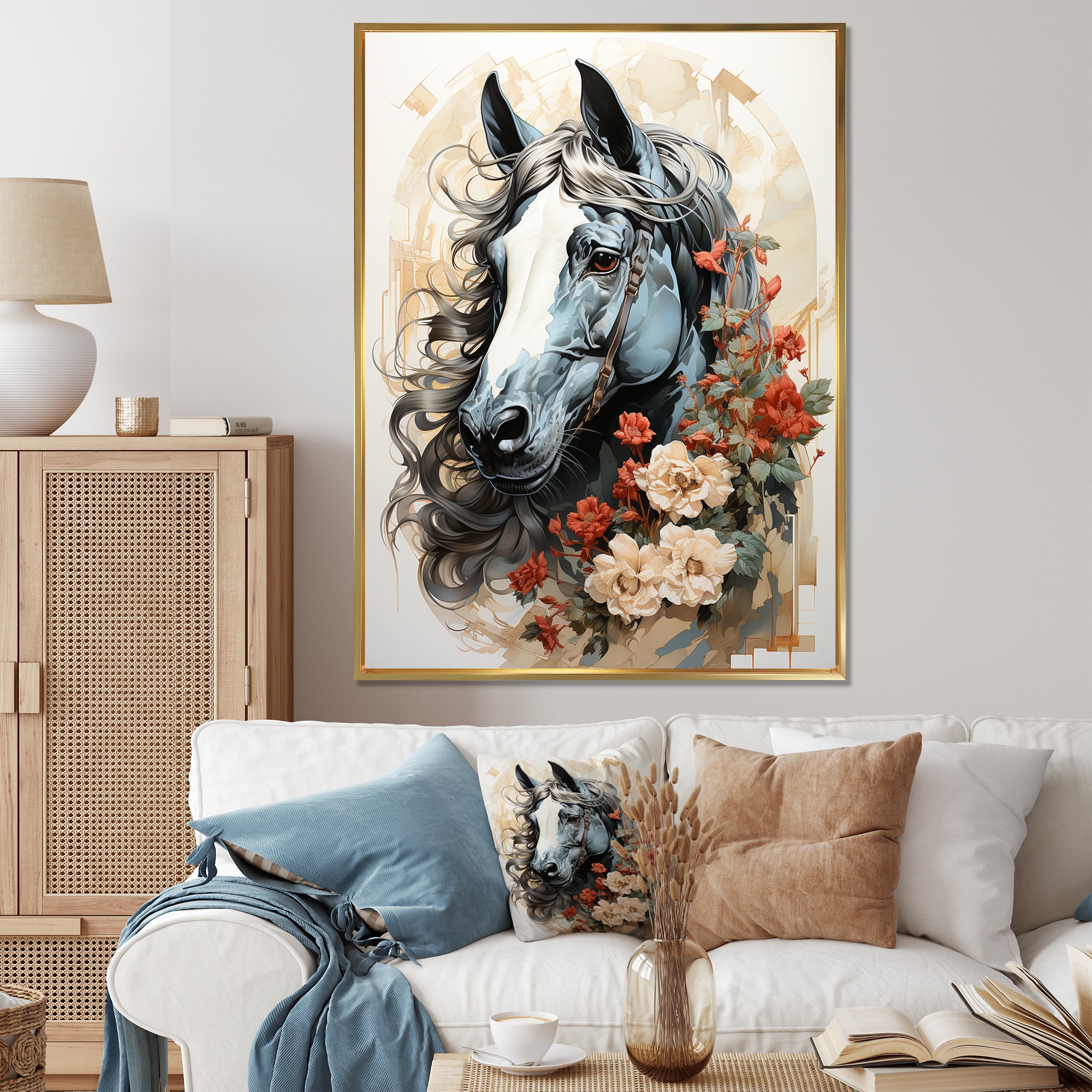 Grey floral Horse Beauty - Horse Canvas Wall Art