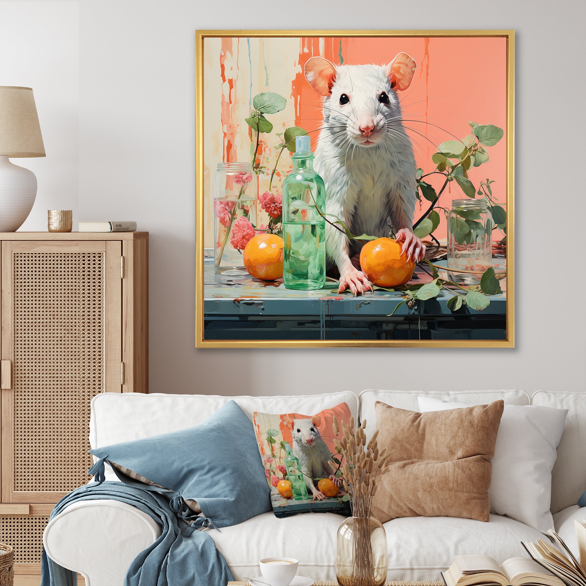 Pink curious rat fruits - Mouse Canvas Wall Art