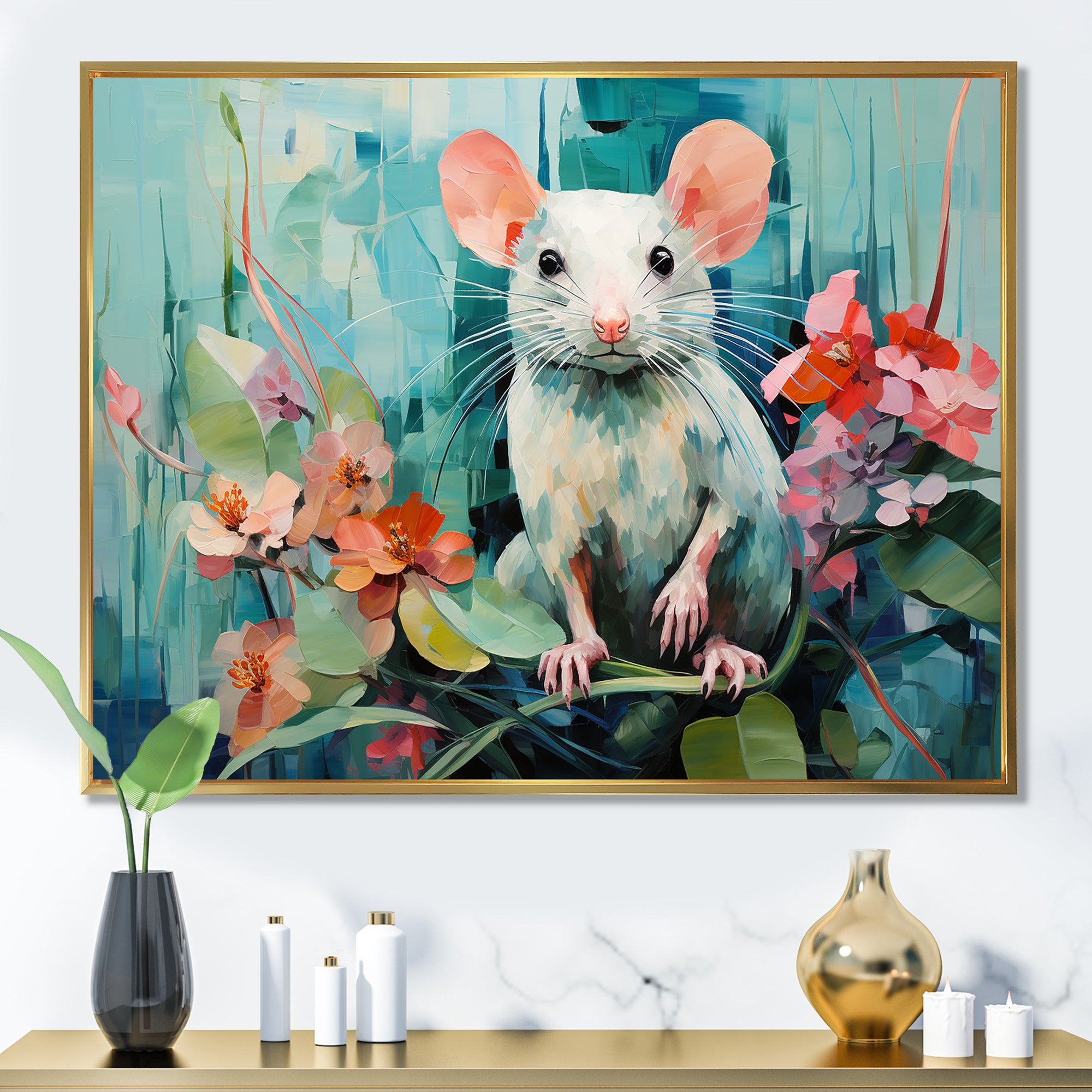 Green curious rat blooms - Mouse Wall Decor