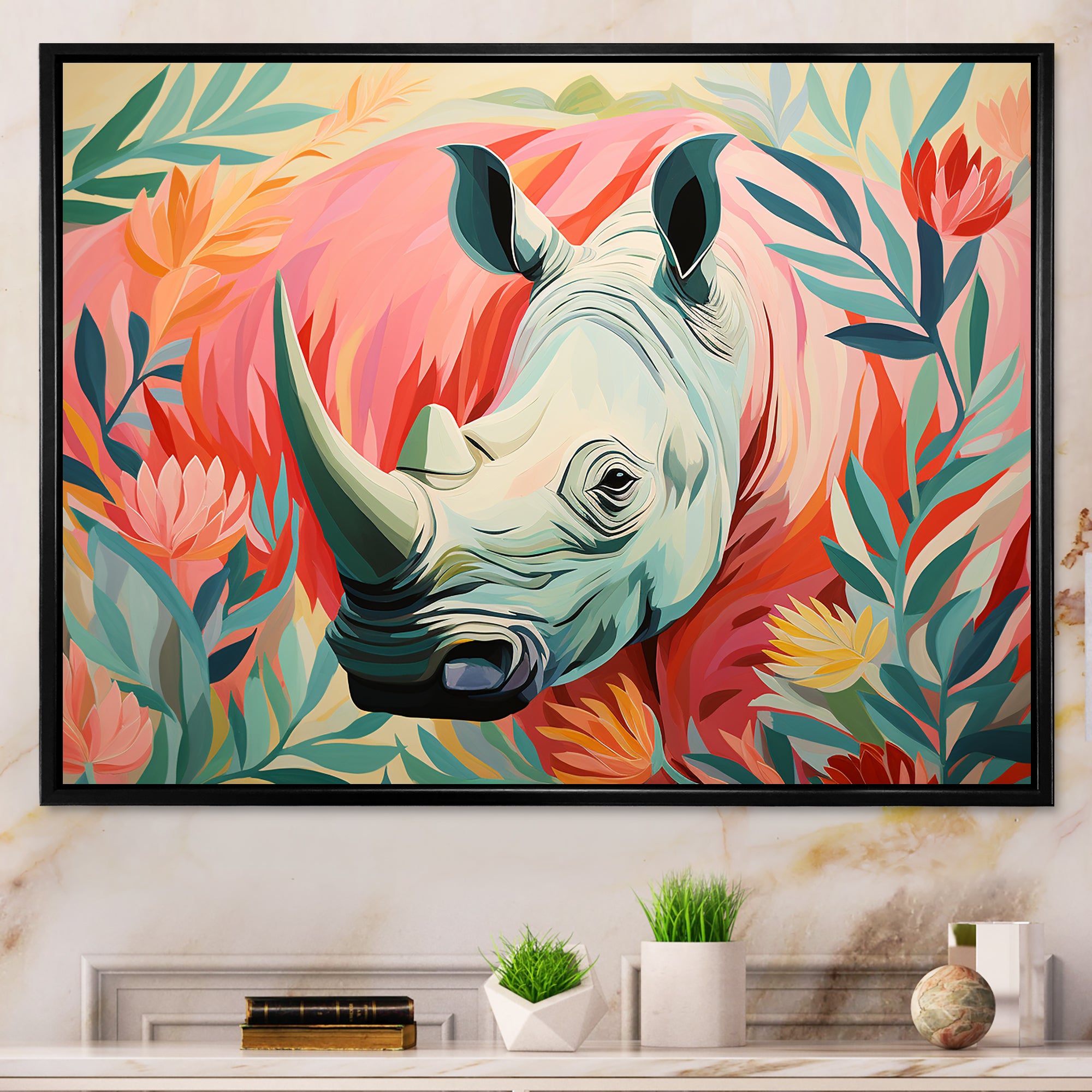 Floral Pink Rhino paradise - Rhino Framed Canvas Art