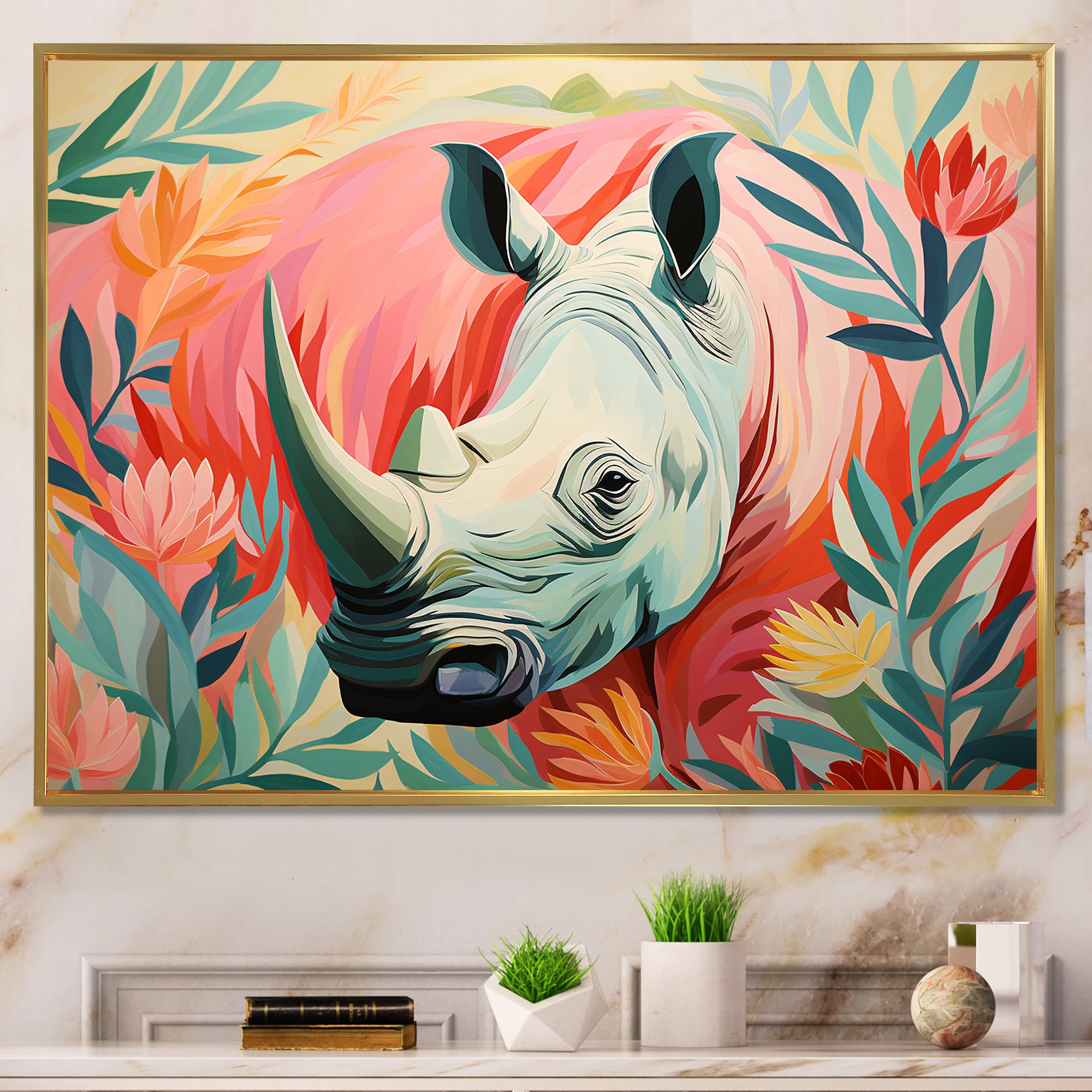 Floral Pink Rhino paradise - Rhino Framed Canvas Art
