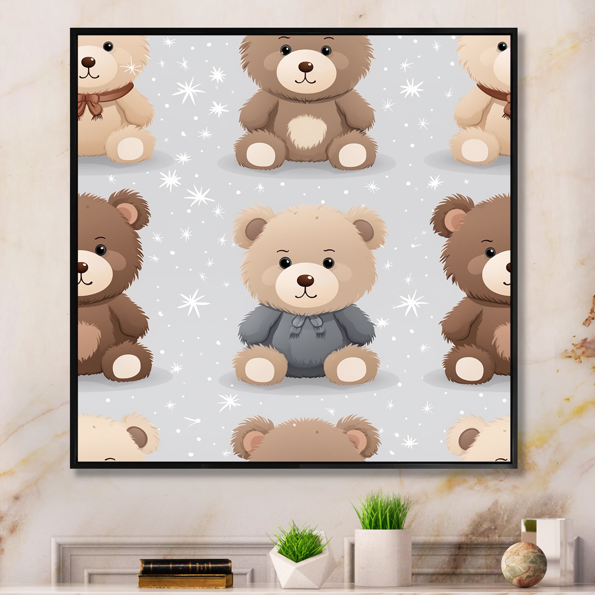 Brown and grey Teady bear nursery - Bear Large Canvas Wall Art