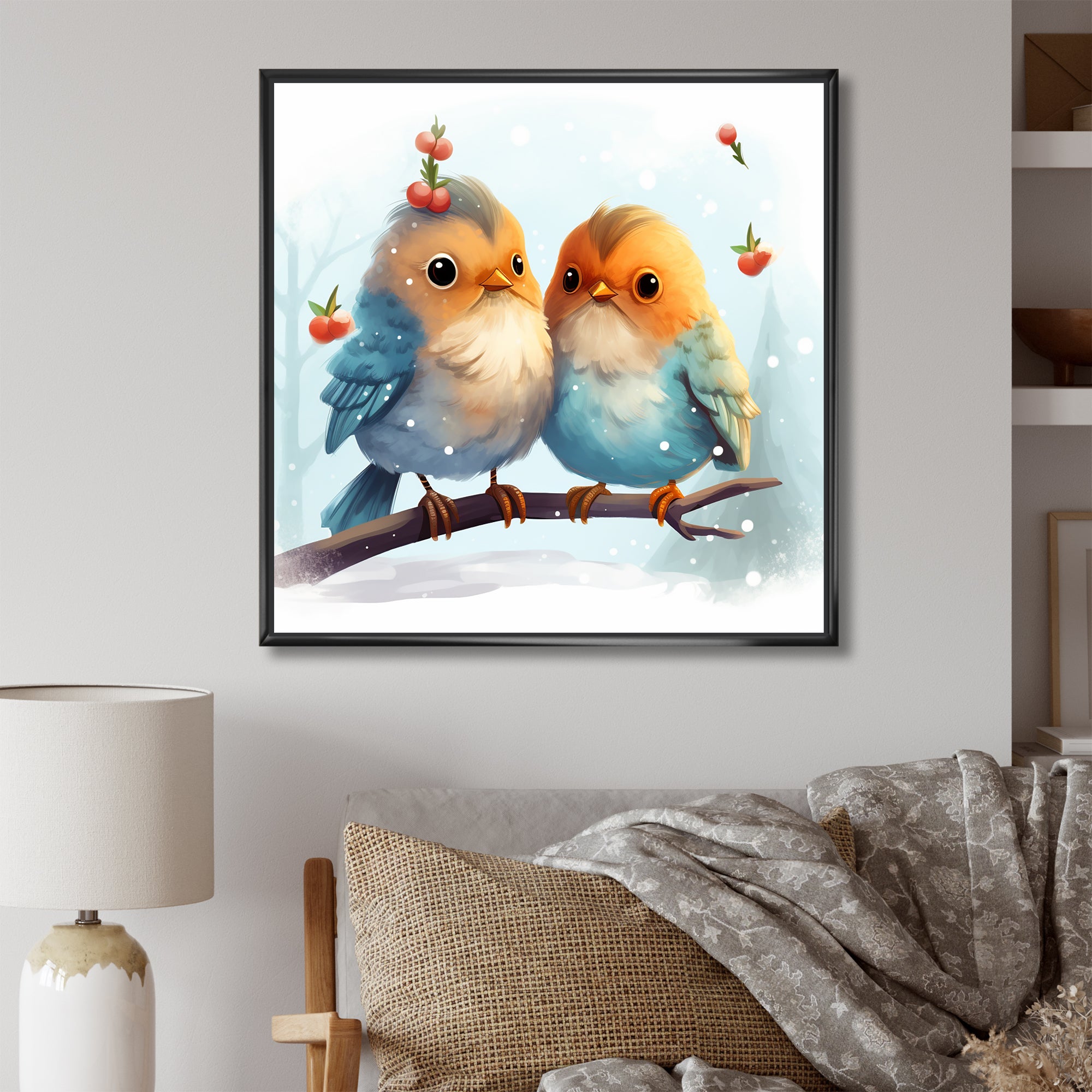 Blue and yellow Bird Buddies Winter Adventure - Bird Canvas Wall Art