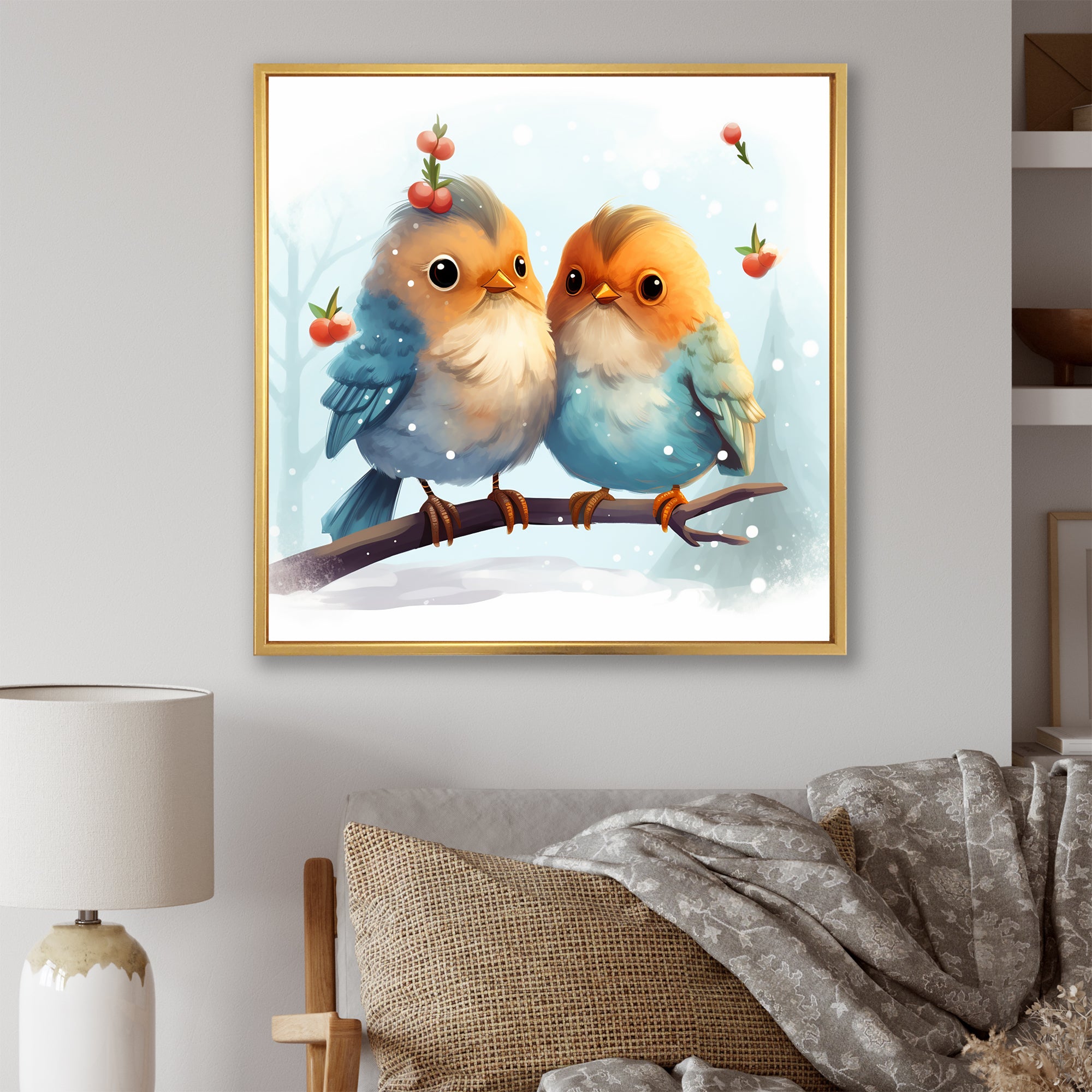 Blue and yellow Bird Buddies Winter Adventure - Bird Canvas Wall Art