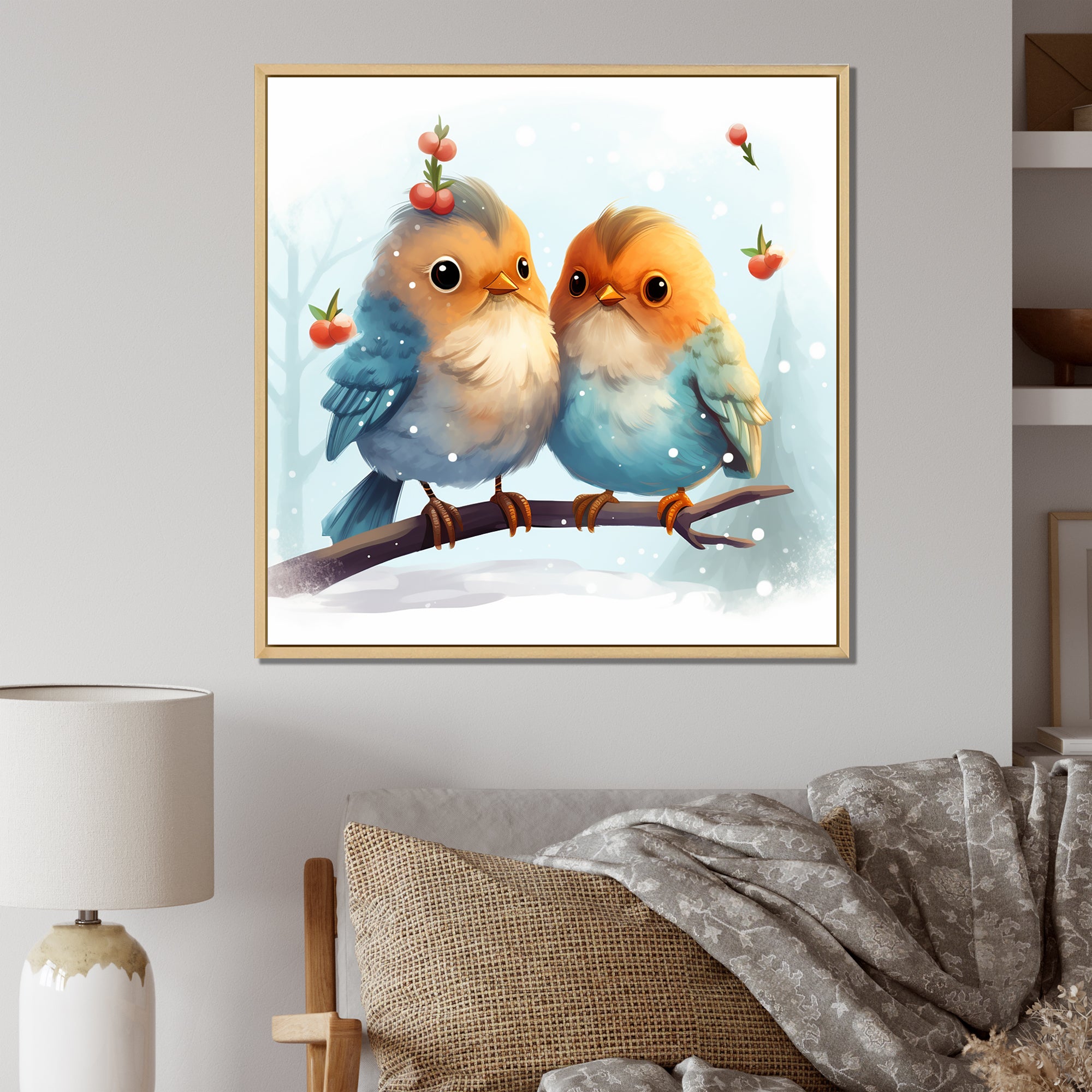 Blue and yellow Bird Buddies Winter Adventure - Bird Canvas Wall Art