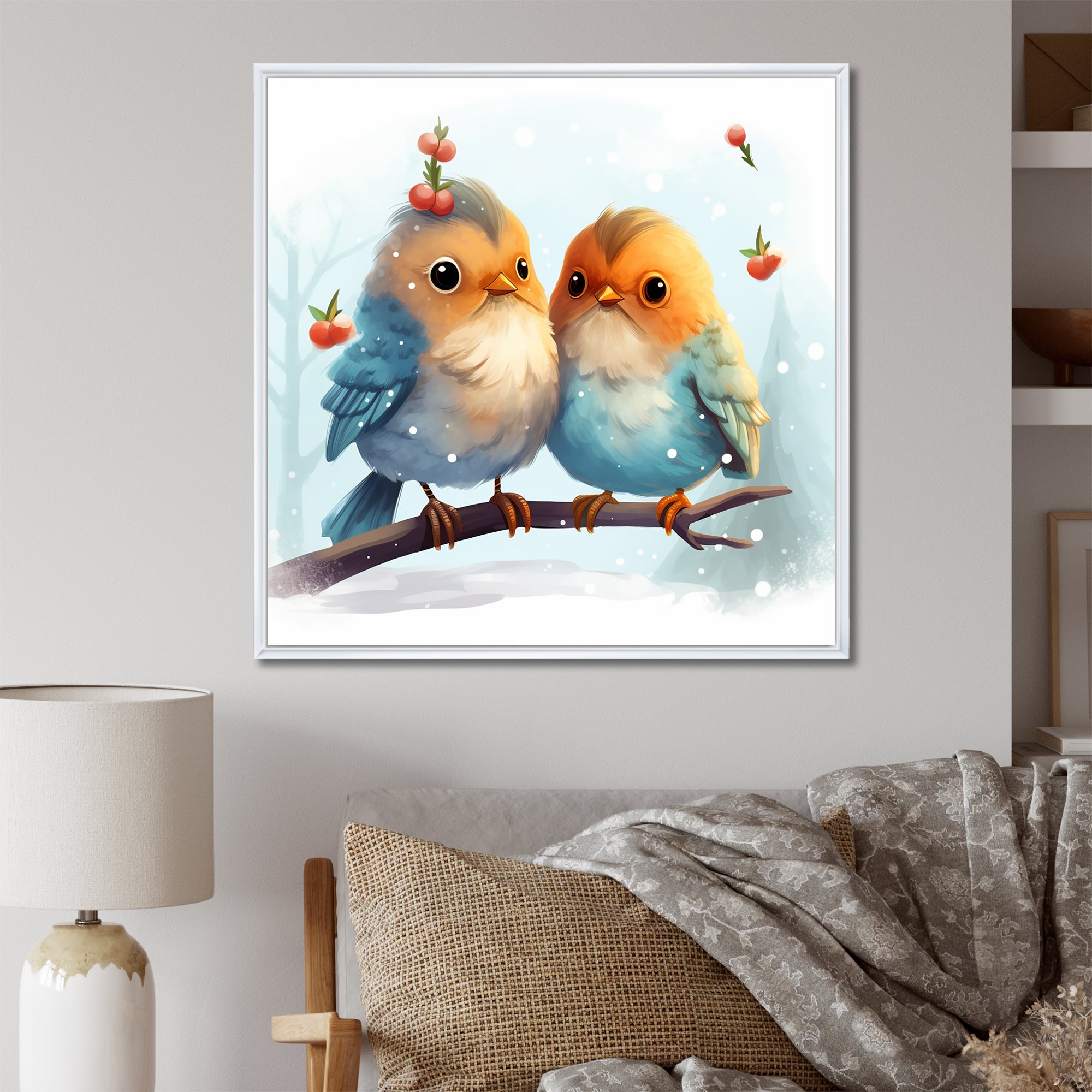 Blue and yellow Bird Buddies Winter Adventure - Bird Canvas Wall Art