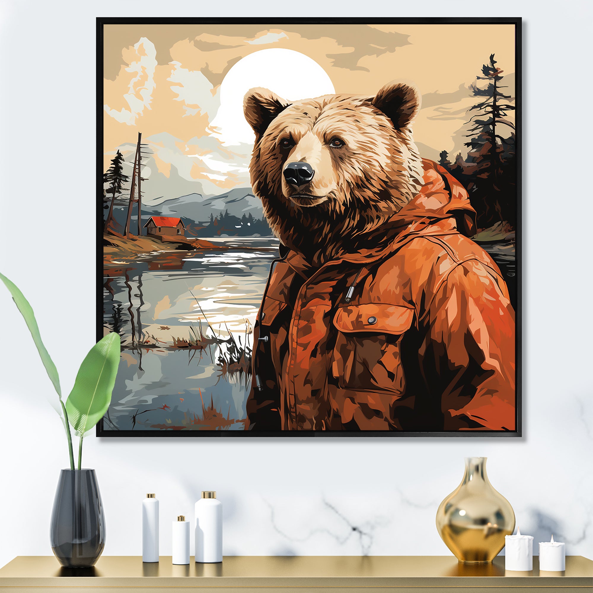 Orange Bear detective countryside - Bear Wall Art Prints